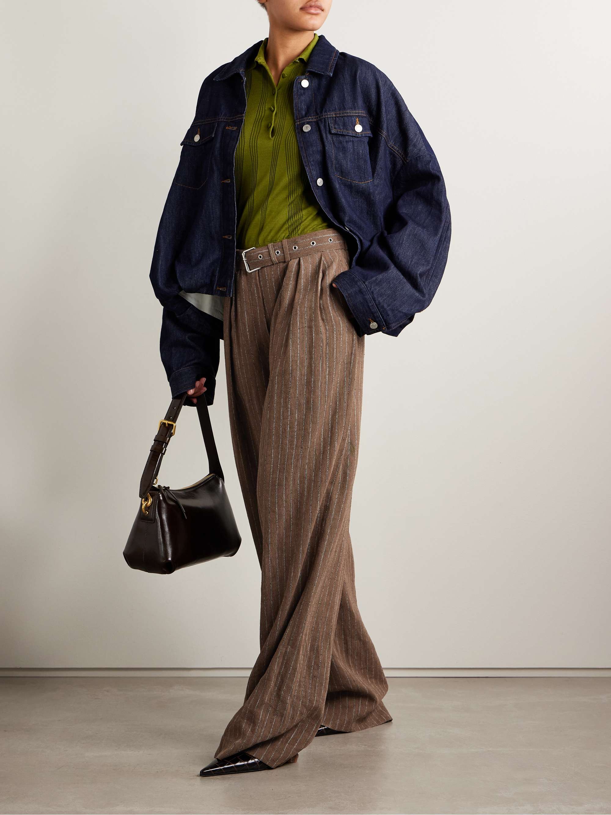 Pleated striped linen-blend wide-leg pants view