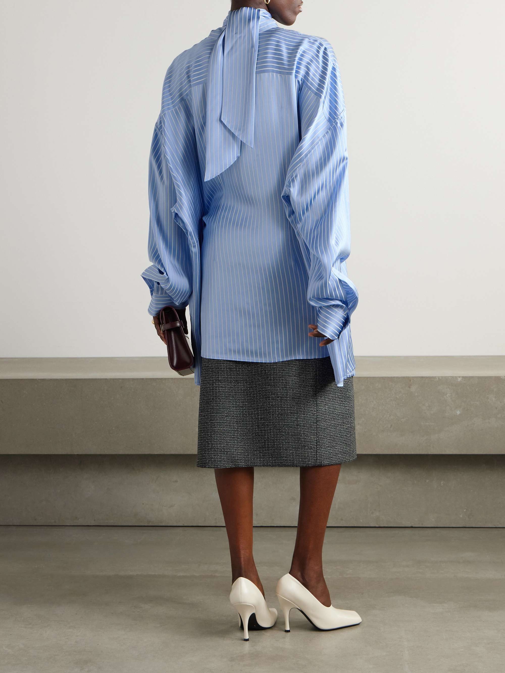 Oversized pussy-bow pinstriped satin shirt view