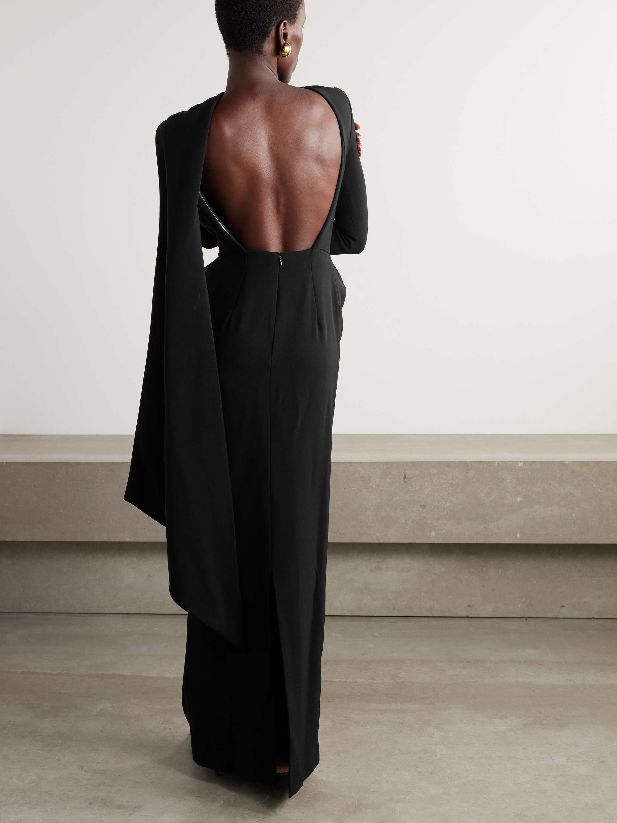 Cape-effect open-back crepe gown view