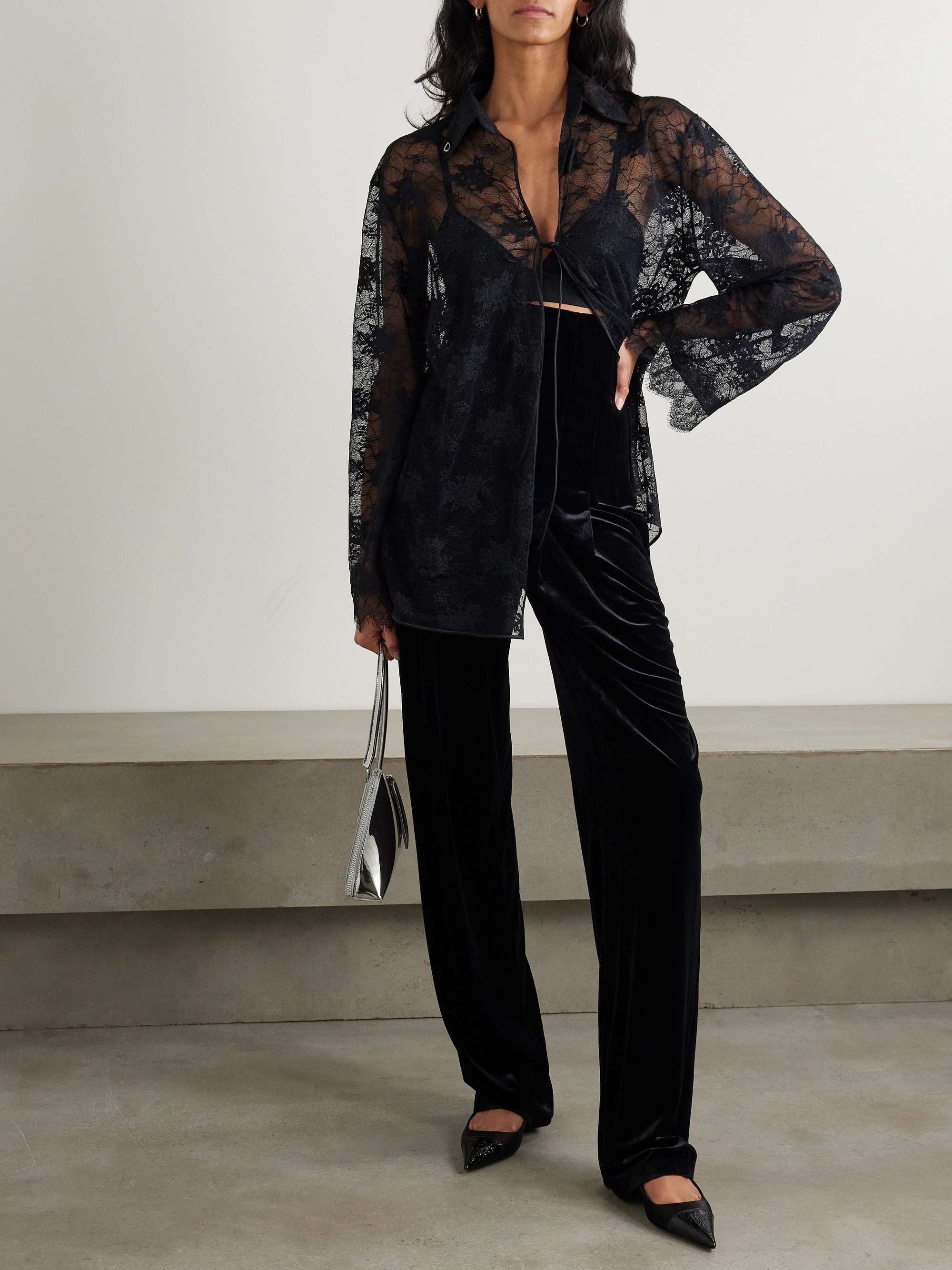 Pleated velvet straight-leg pants view
