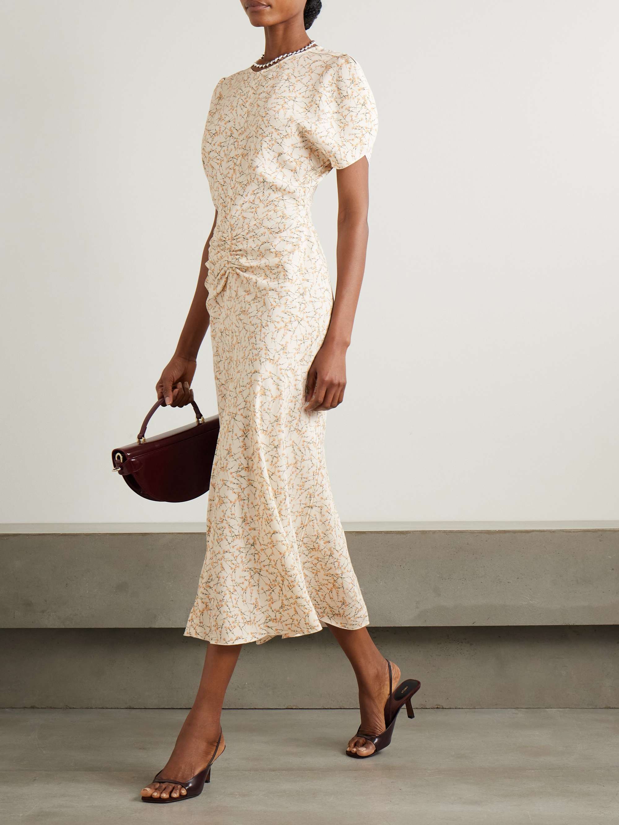 Gathered floral-print voile midi dress view