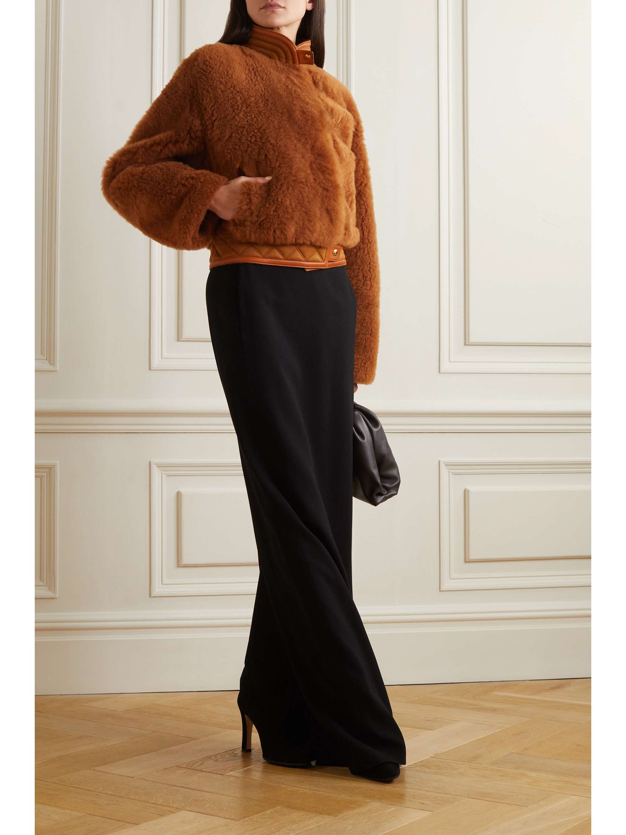 Leather and quilted cashmere-trimmed shearling jacket view