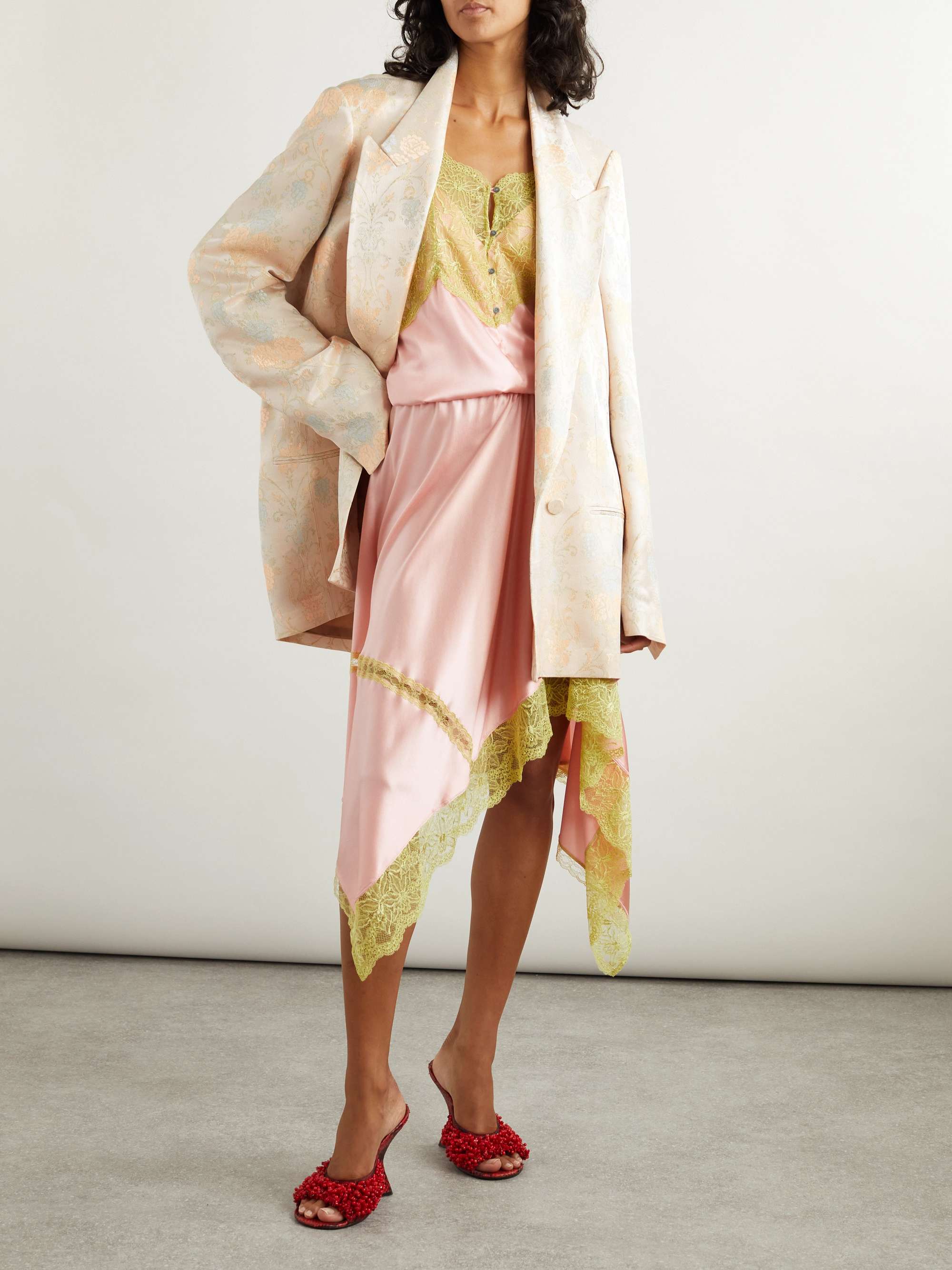 Asymmetric lace-trimmed silk-blend satin skirt view