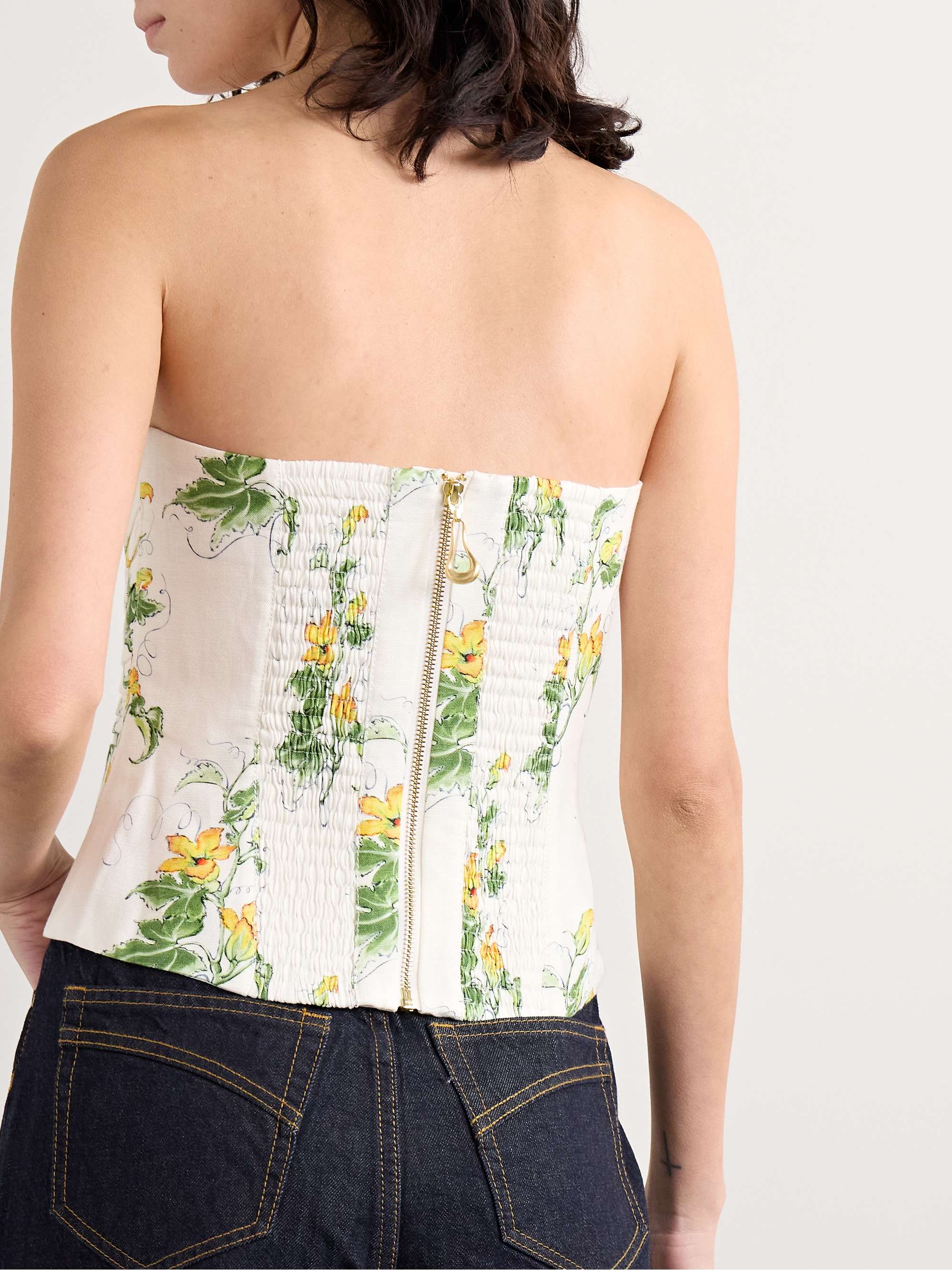 Otta strapless pleated floral-print linen-blend bustier top view