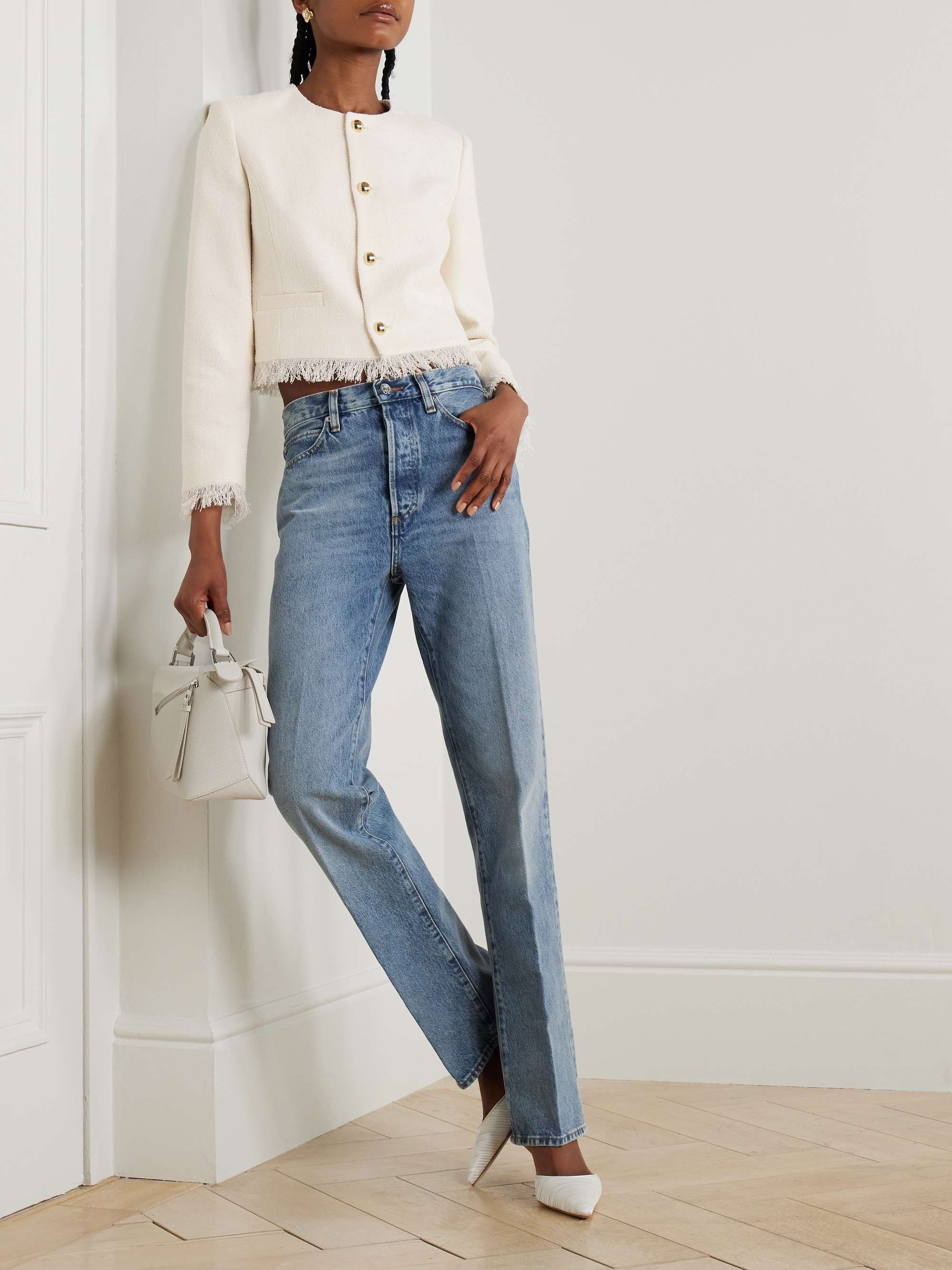 Cropped fringed cotton-blend tweed jacket view