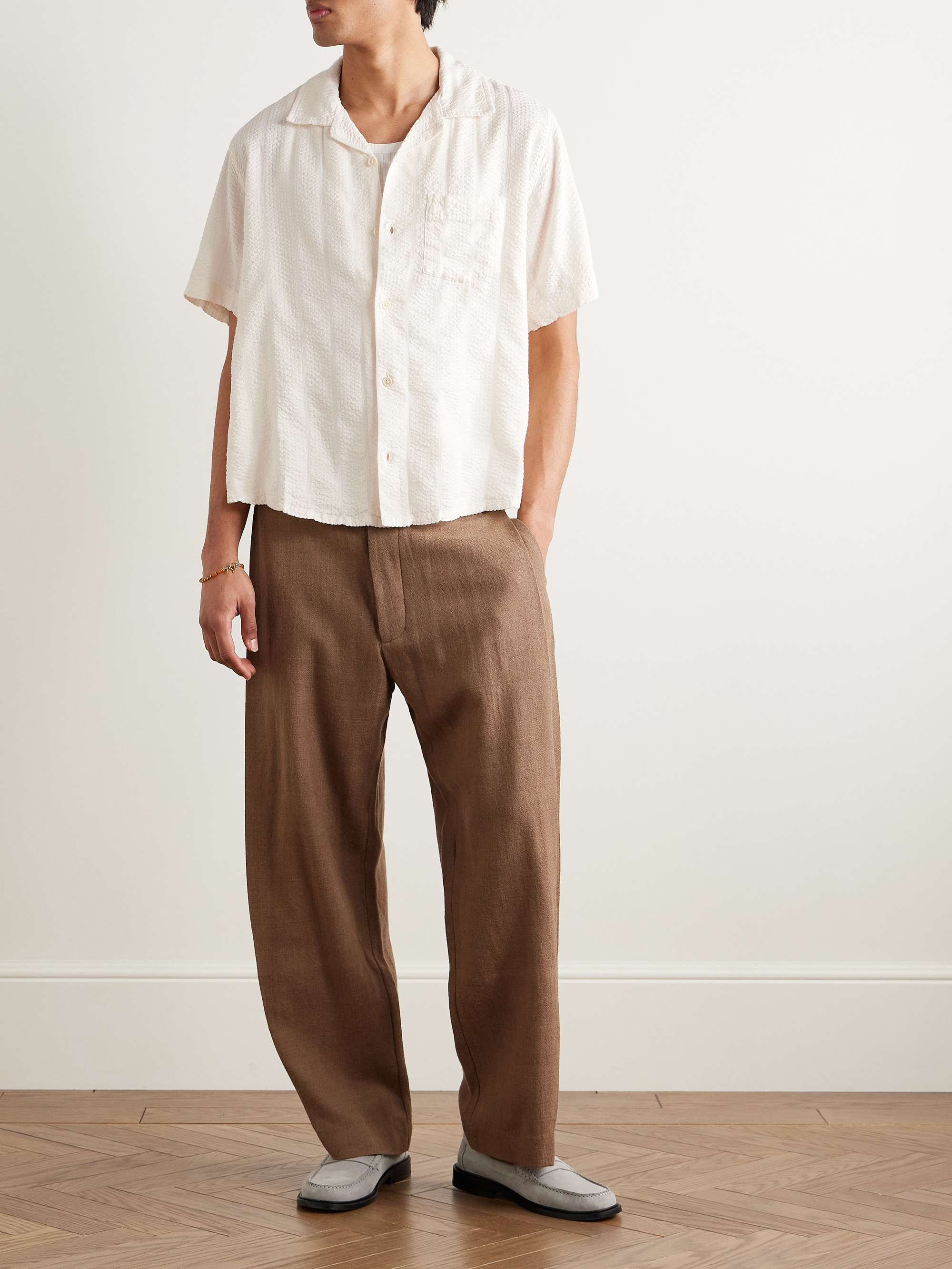 Convertible-Collar Striped Cotton-Blend Seersucker Shirt view