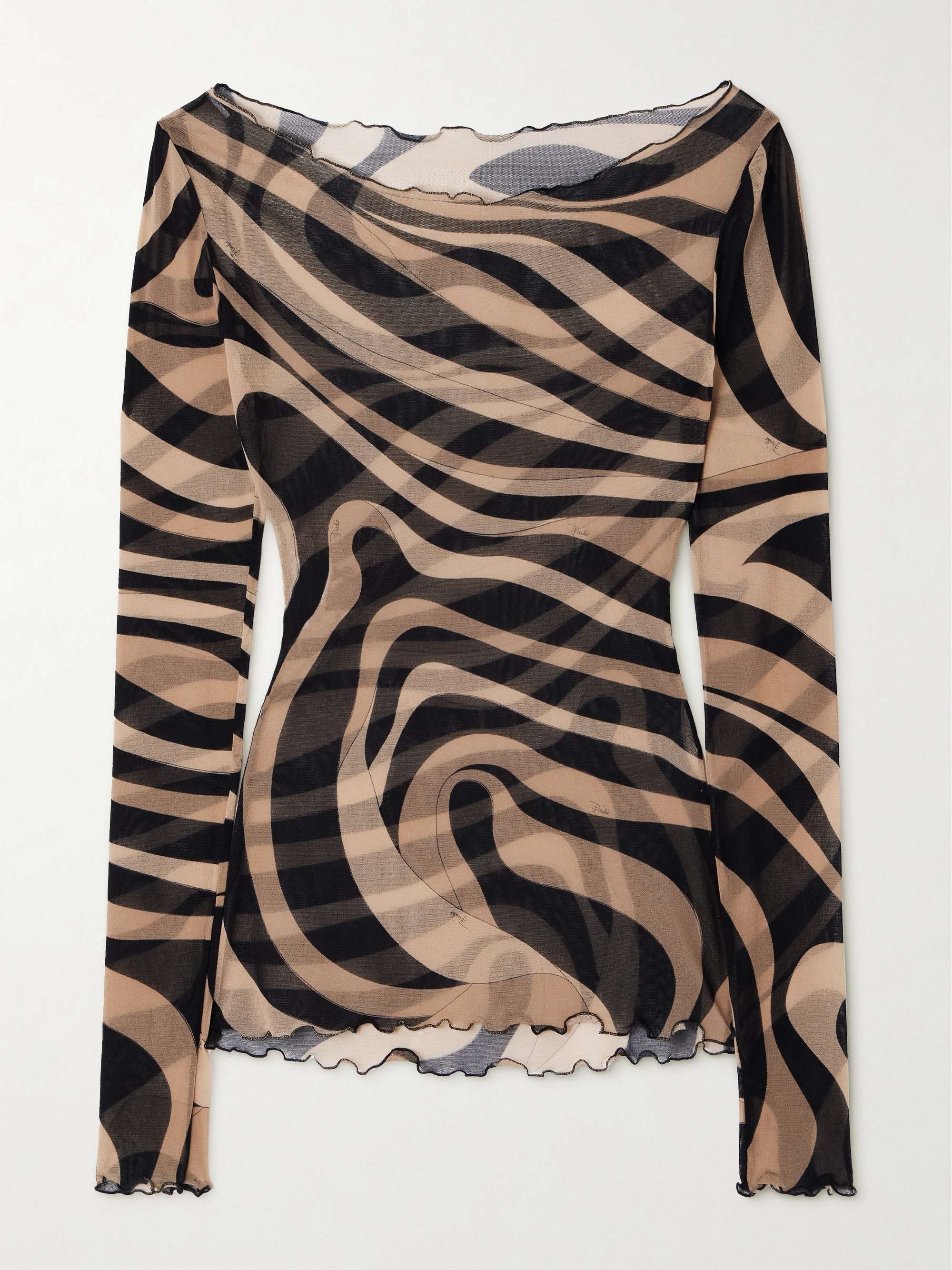 Ruffled printed chiffon top view