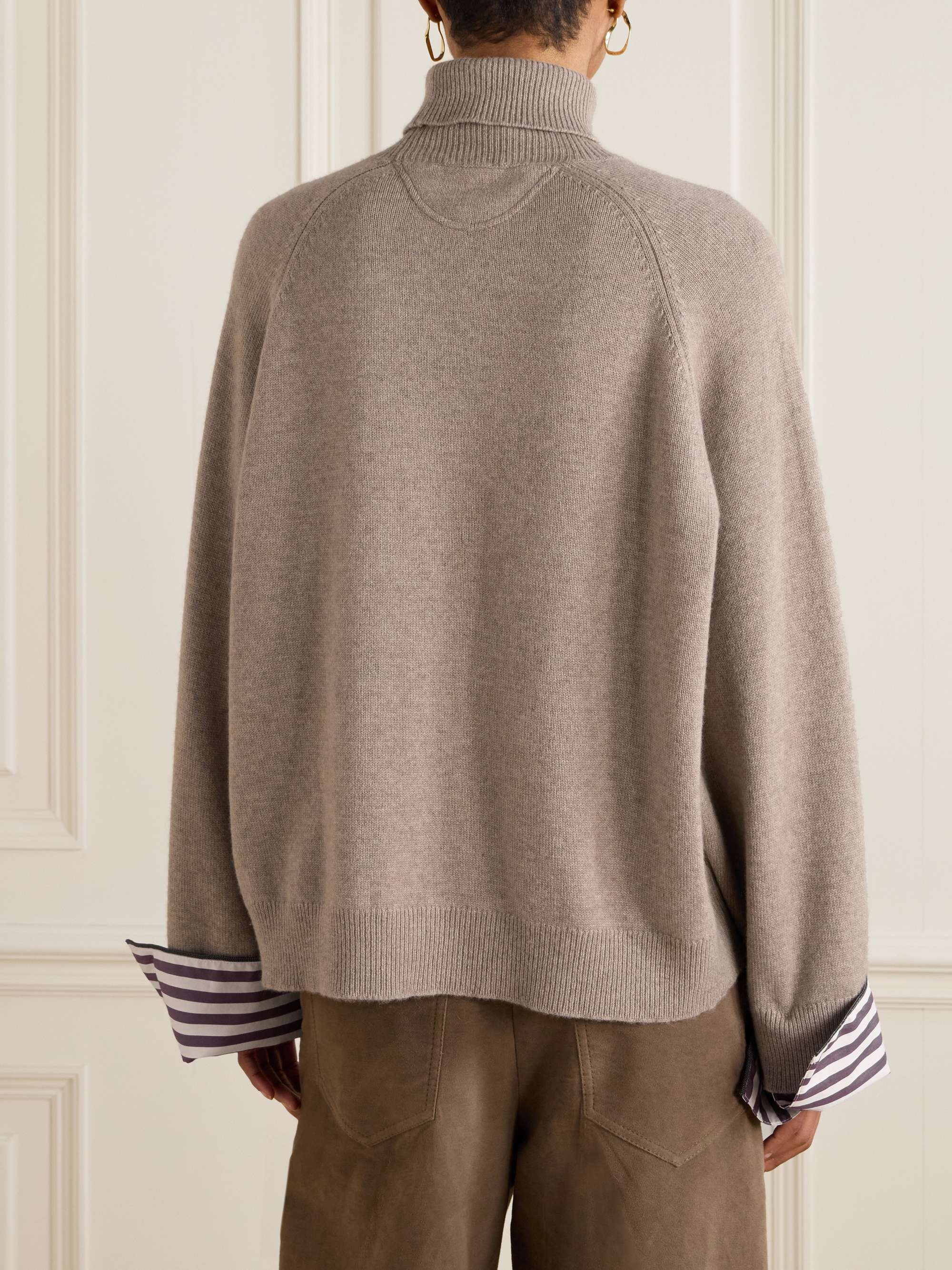 Striped poplin-trimmed cashmere turtleneck sweater view