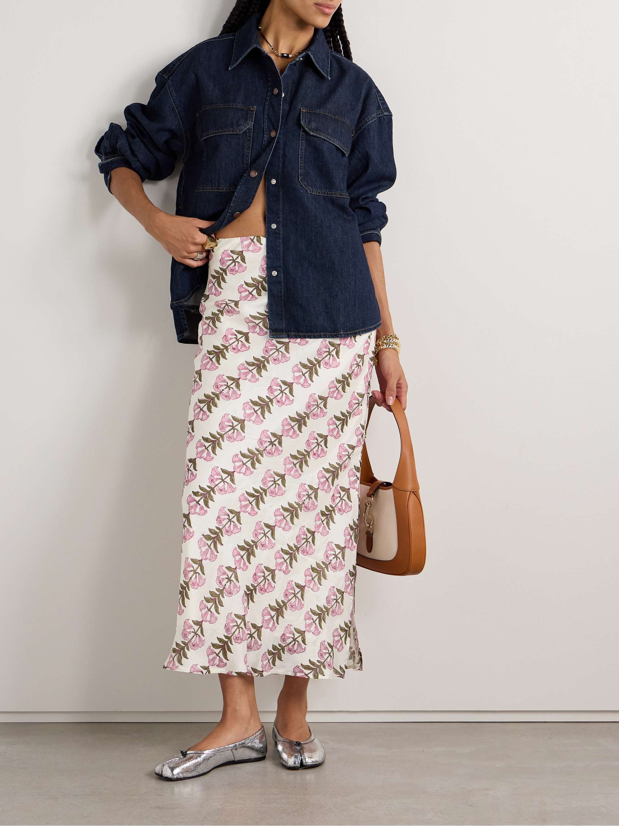 Lyra floral-print crinkled-silk midi skirt view