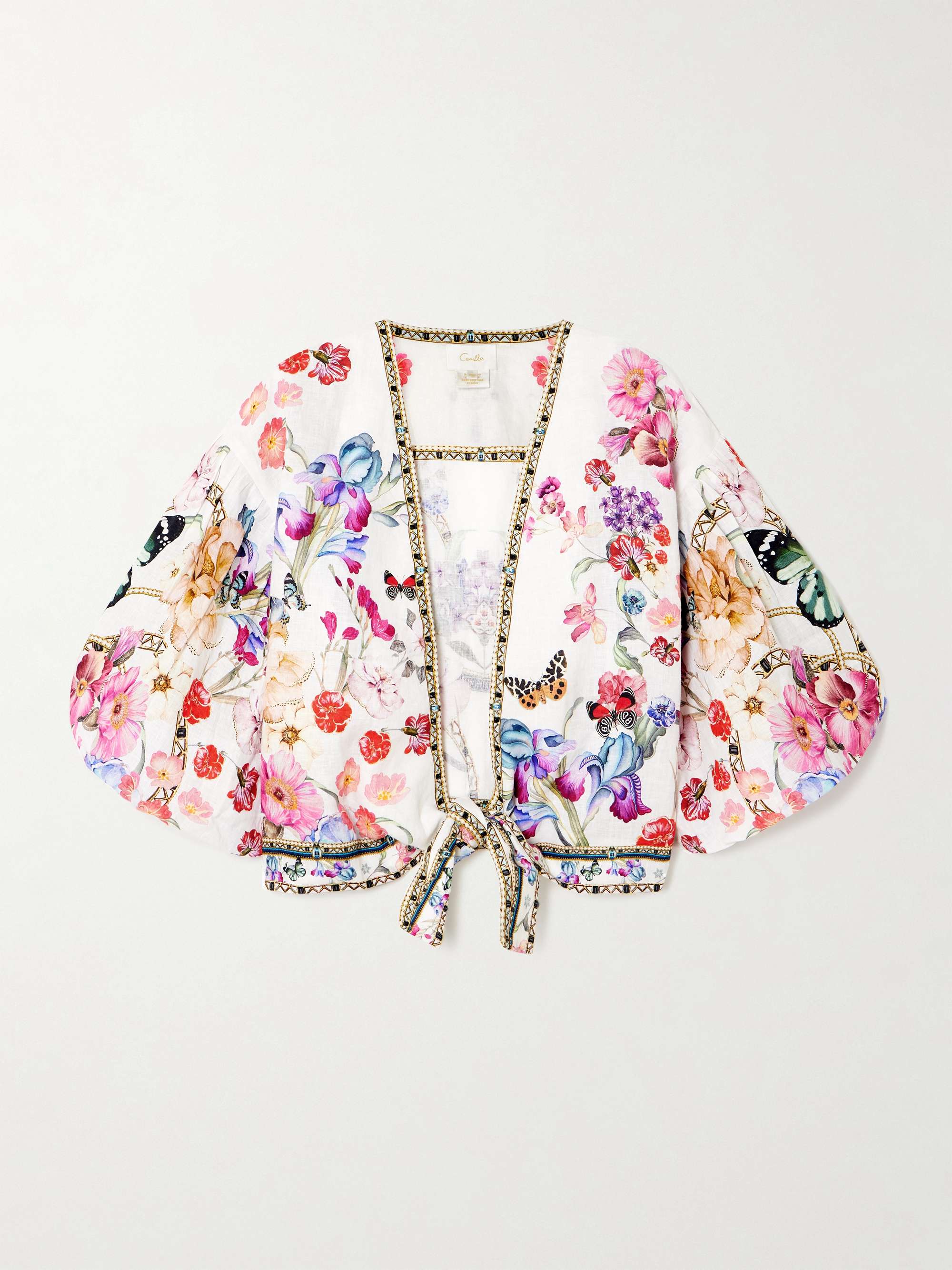Monserrate Magic cropped tie-front crystal-embellished printed linen top view