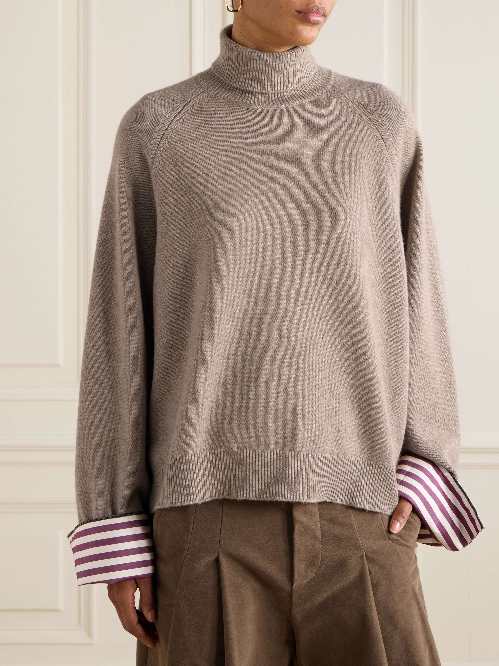 Striped poplin-trimmed cashmere turtleneck sweater view