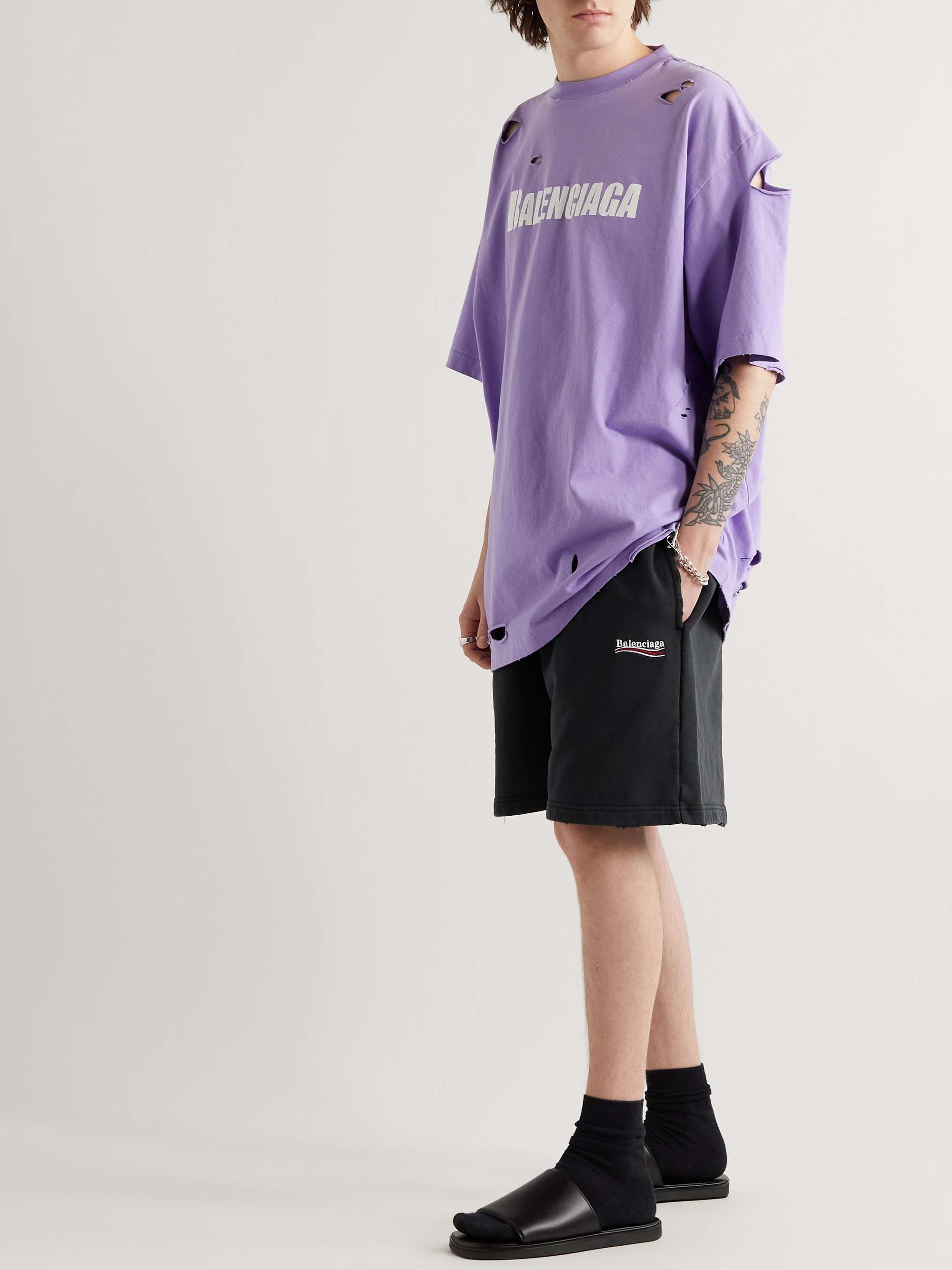 Wide-Leg Logo-Embroidered Distressed Cotton-Jersey Shorts view