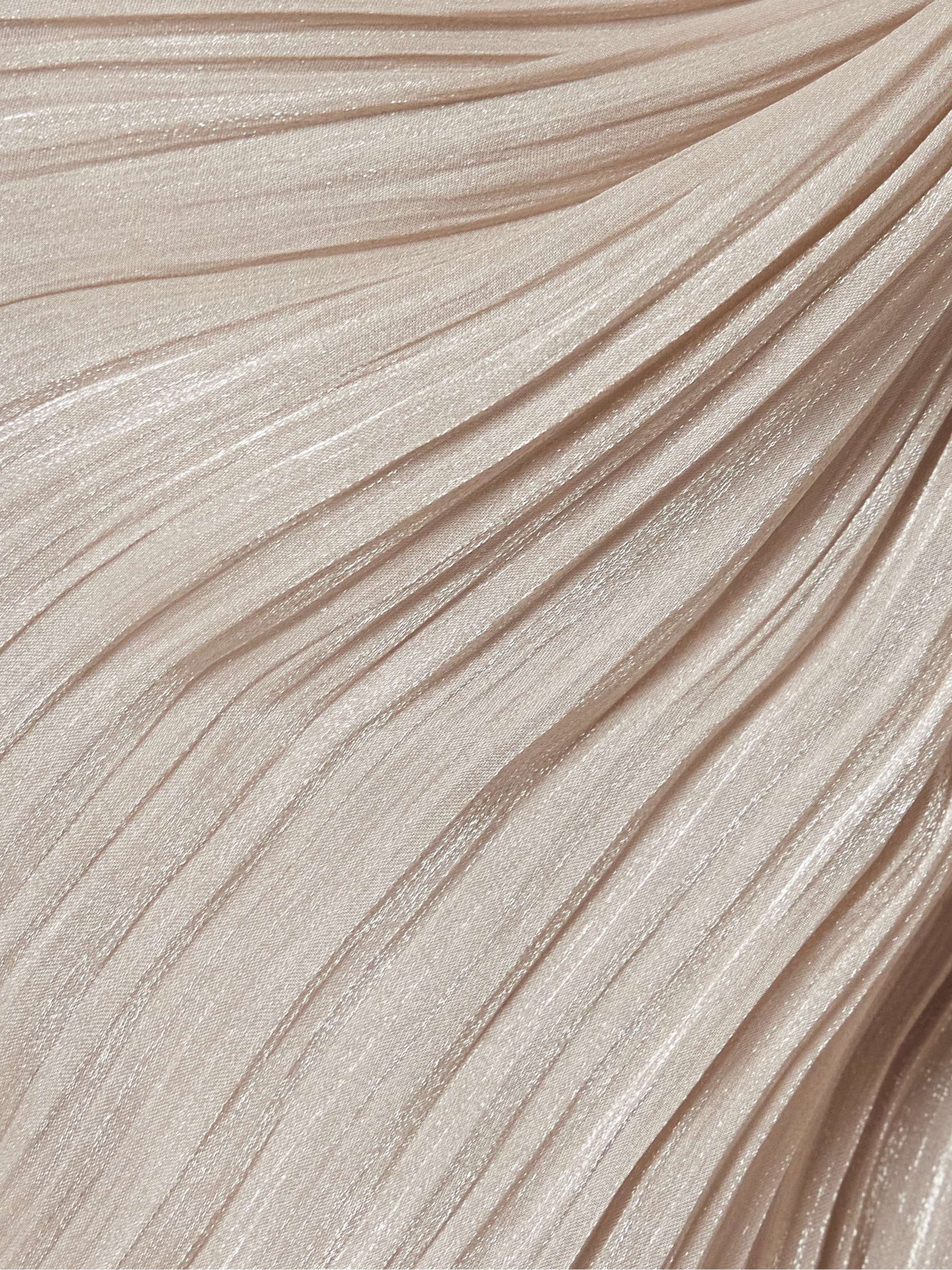 Strapless draped metallic plissé-silk gown and cape view