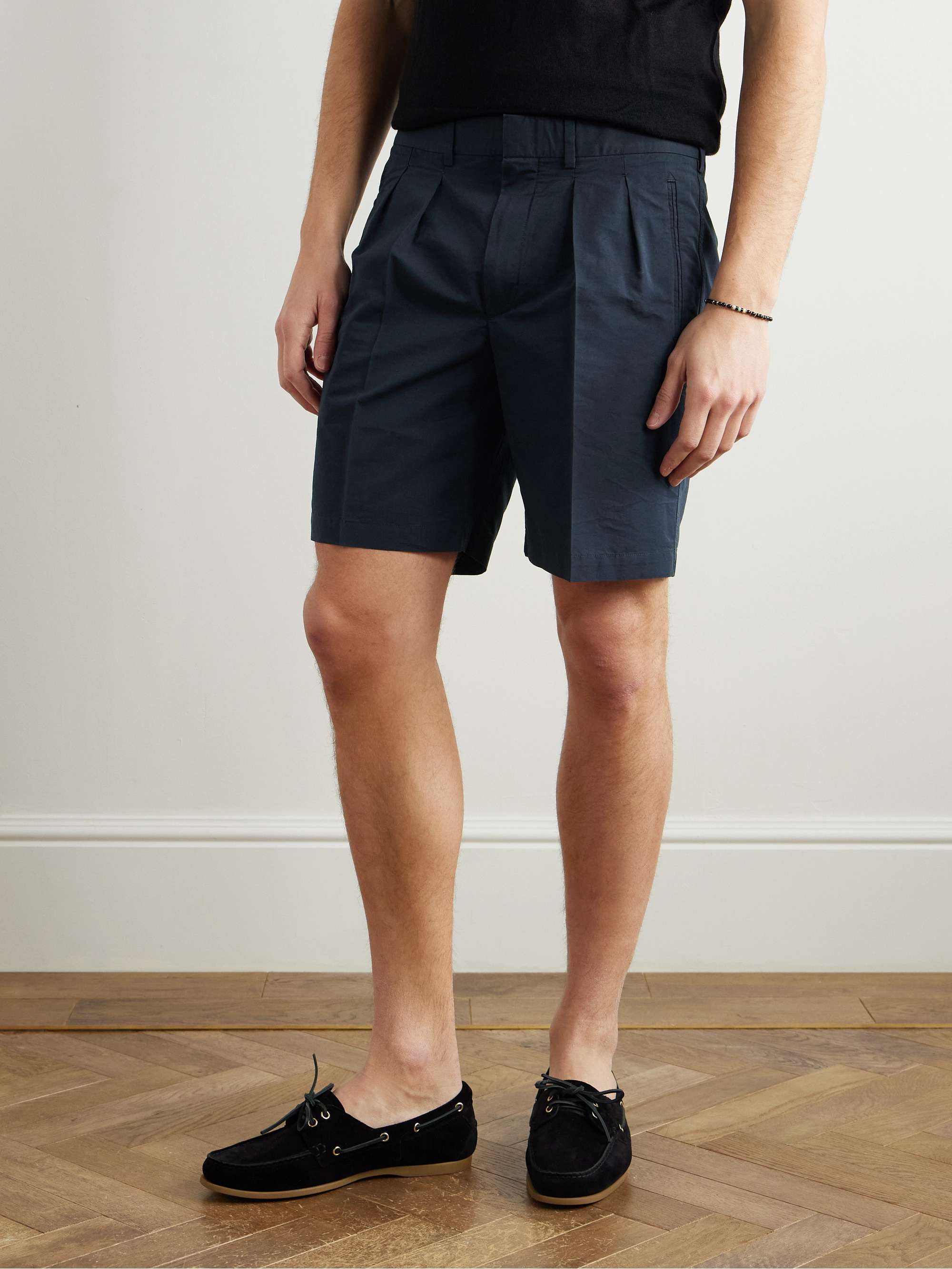 Straight-Leg Pleated Cotton and Silk-Blend Poplin Shorts view
