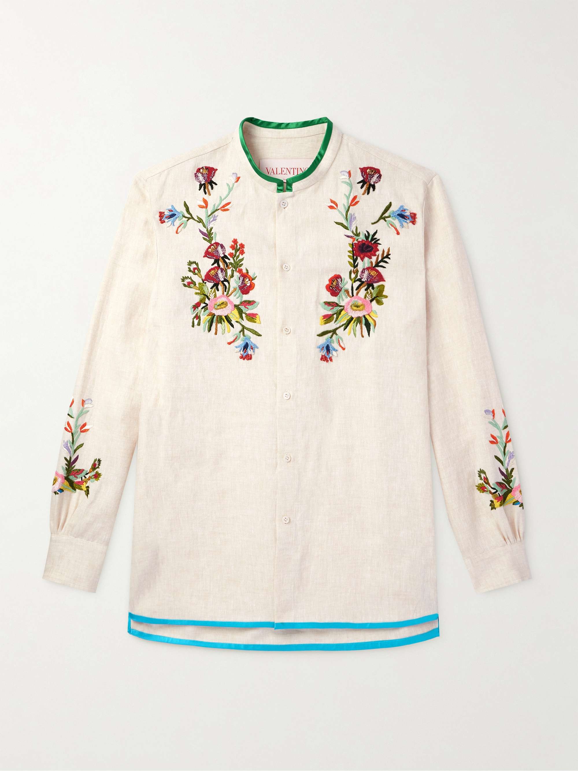 Grandad-Collar Satin-Trimmed Embroidered Linen Shirt view