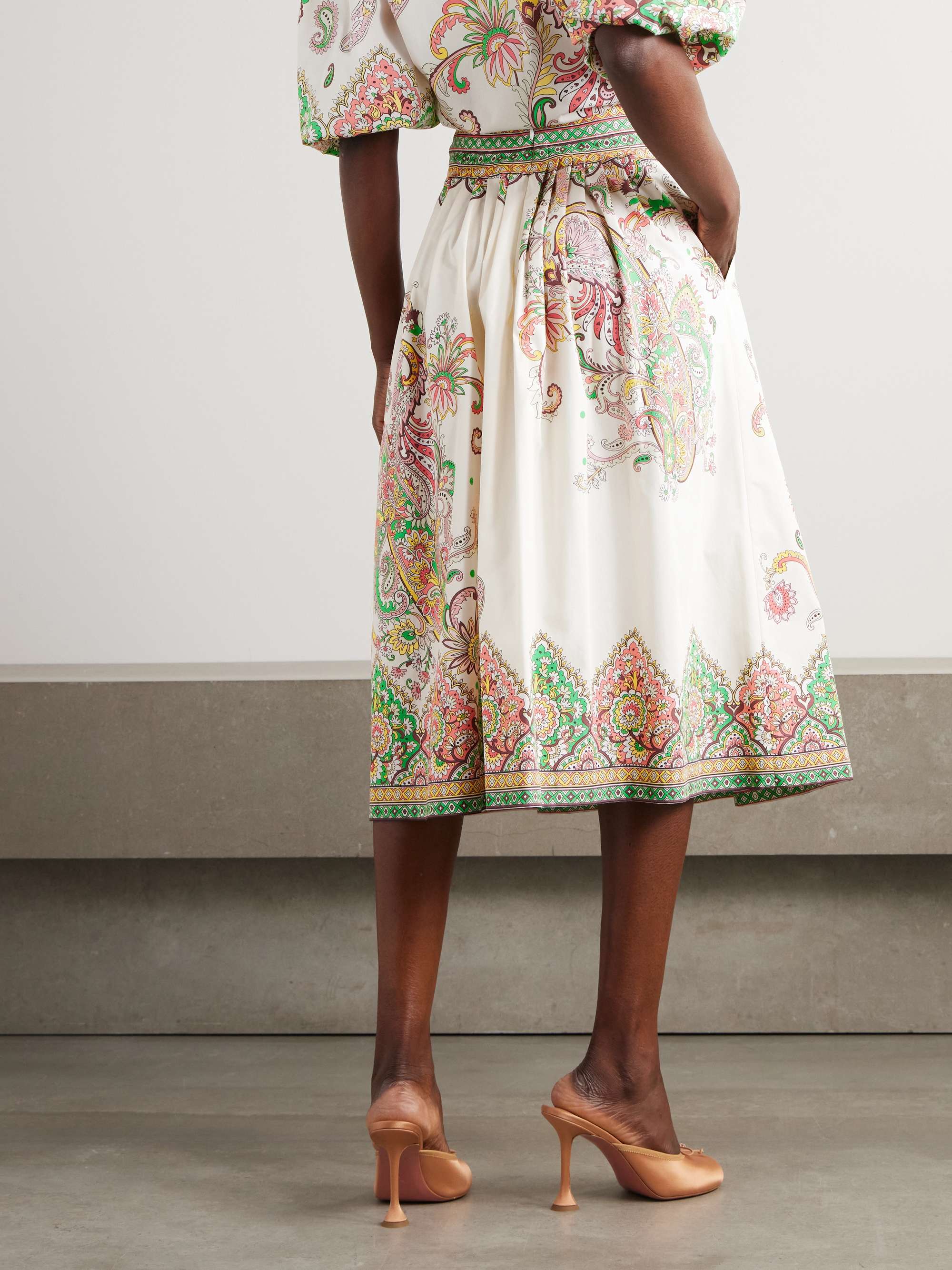 Pleather printed cotton-poplin midi skirt view