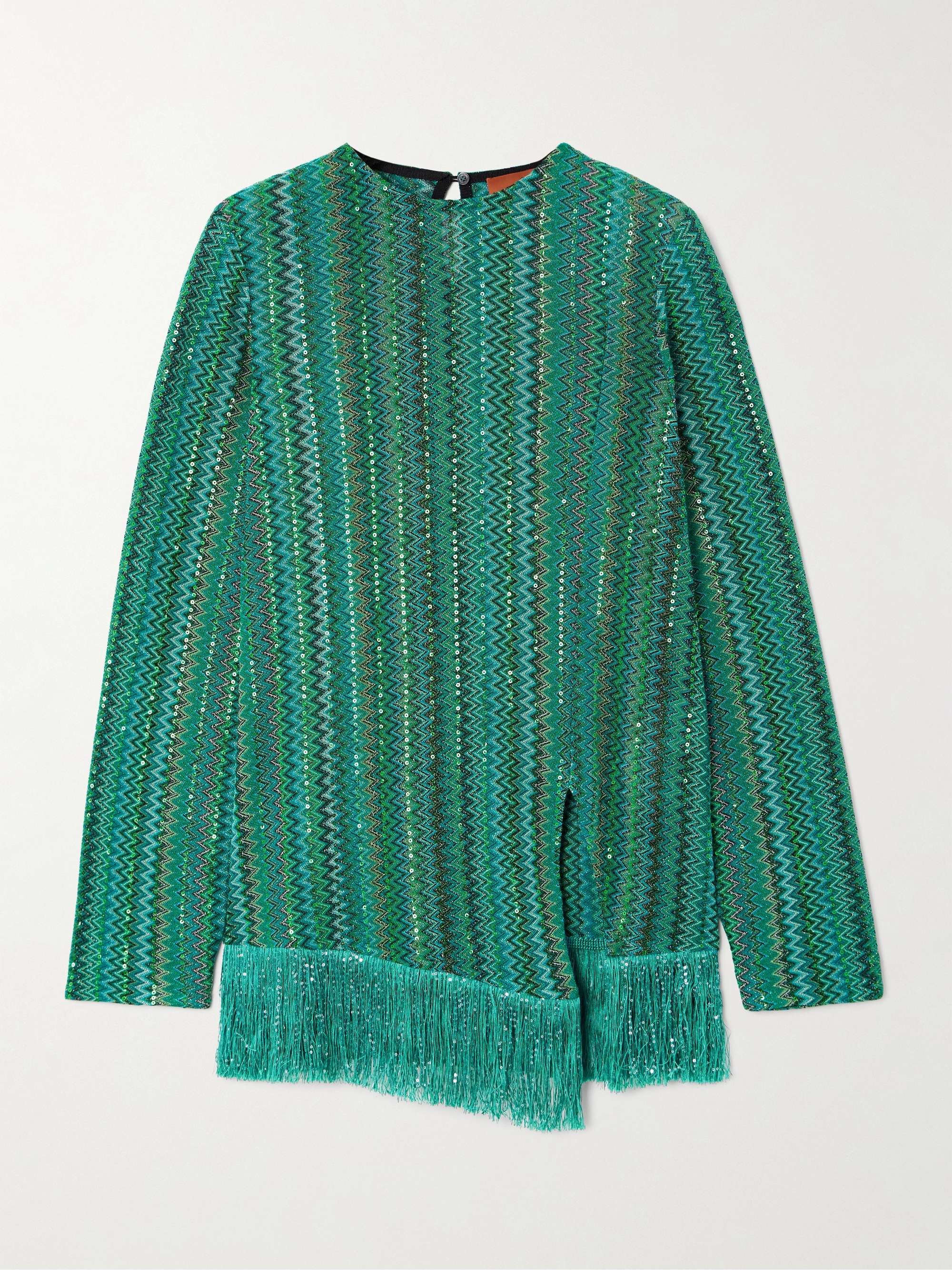 Fringed sequin-embellished metallic crochet-knit sweater view