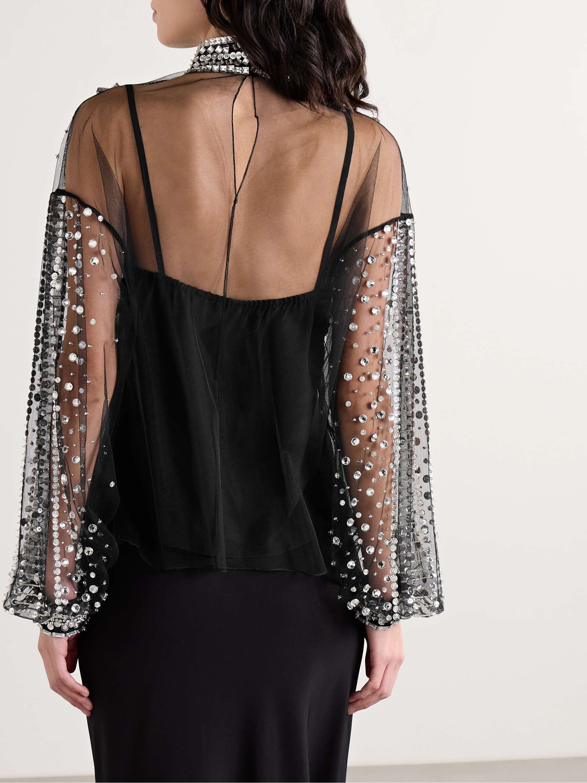 Embellished pintucked tulle turtleneck blouse view