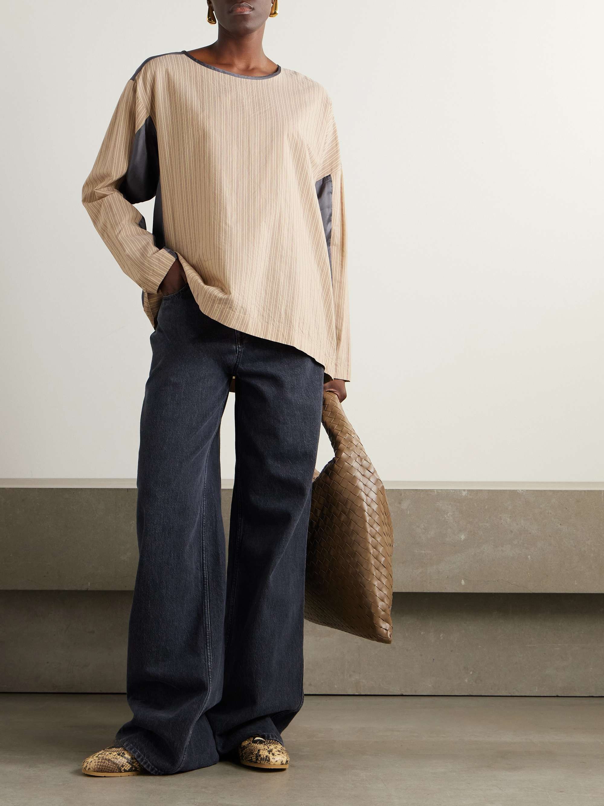 Paneled striped poplin and satin top view