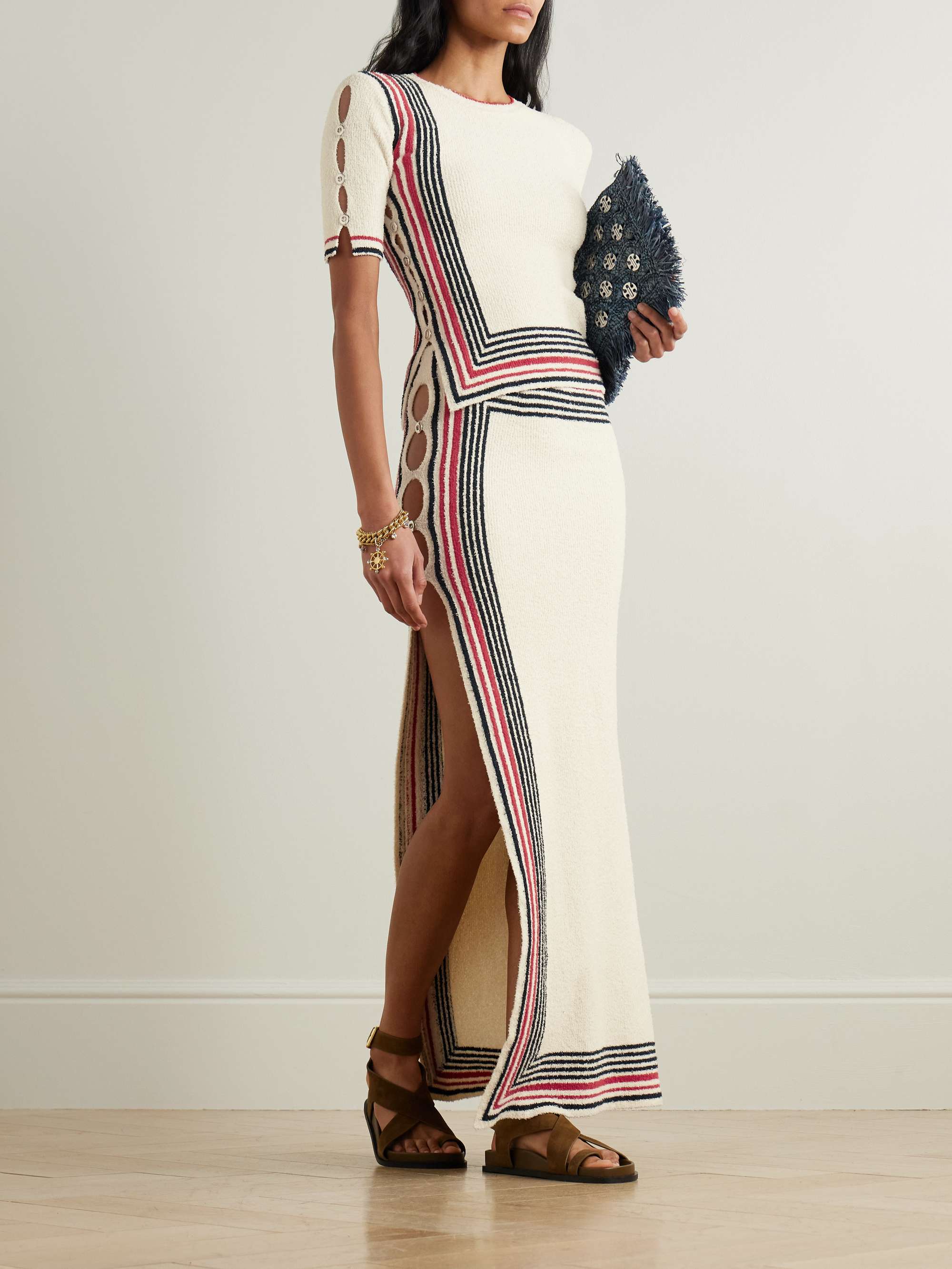 Button-embellished striped cotton-blend chenille midi skirt view