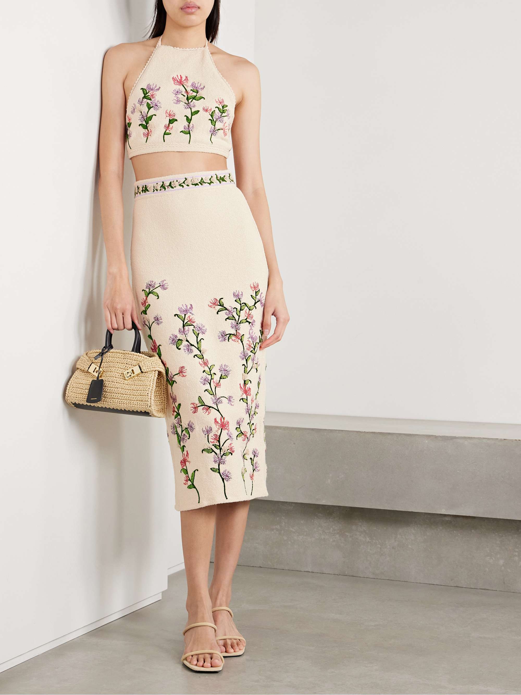 Chlorella Honeysuckle appliquéd embroidered cotton-blend bouclé midi skirt view