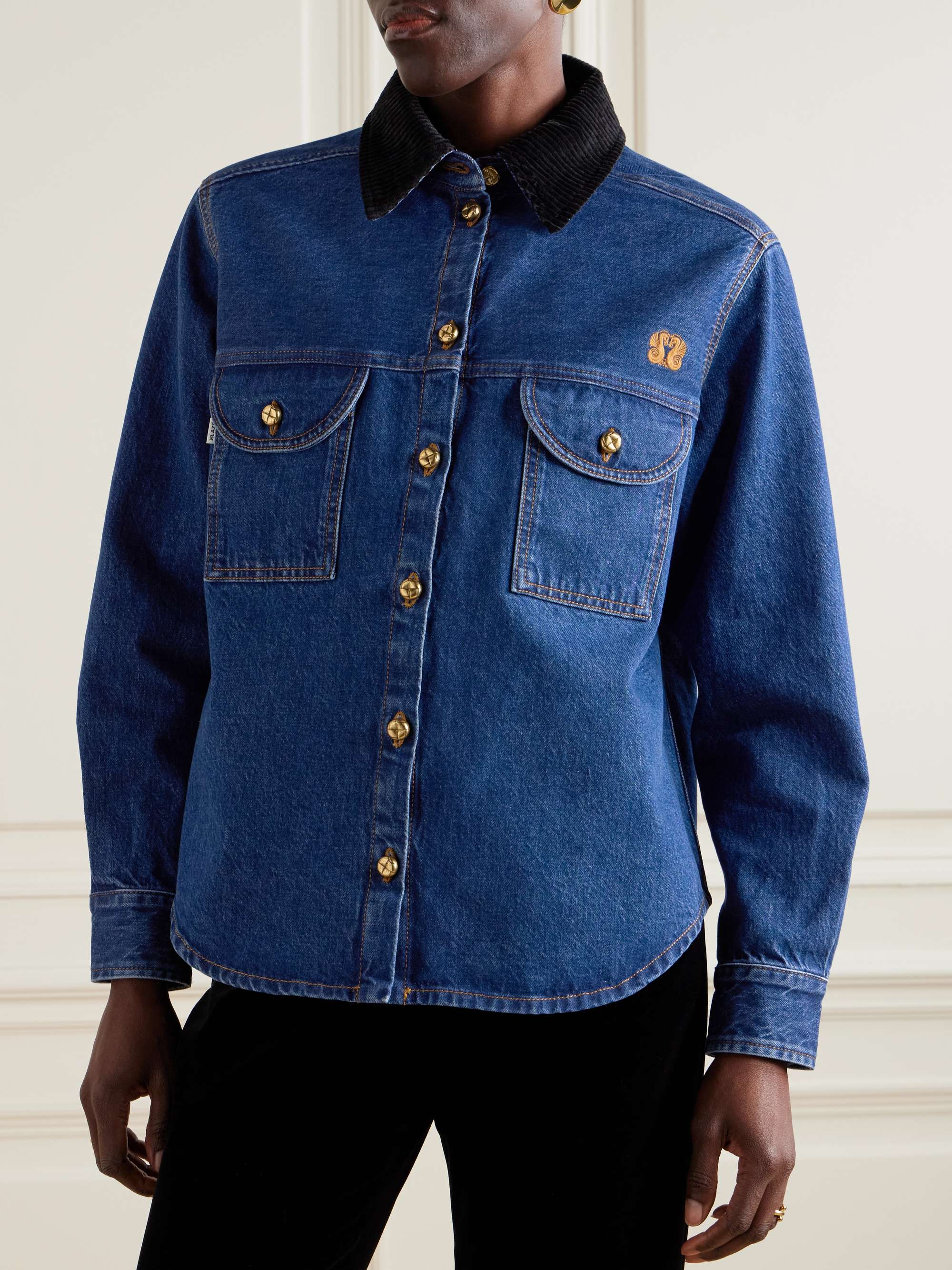 Nariida Senner corduroy-trimmed embroidered denim shirt view