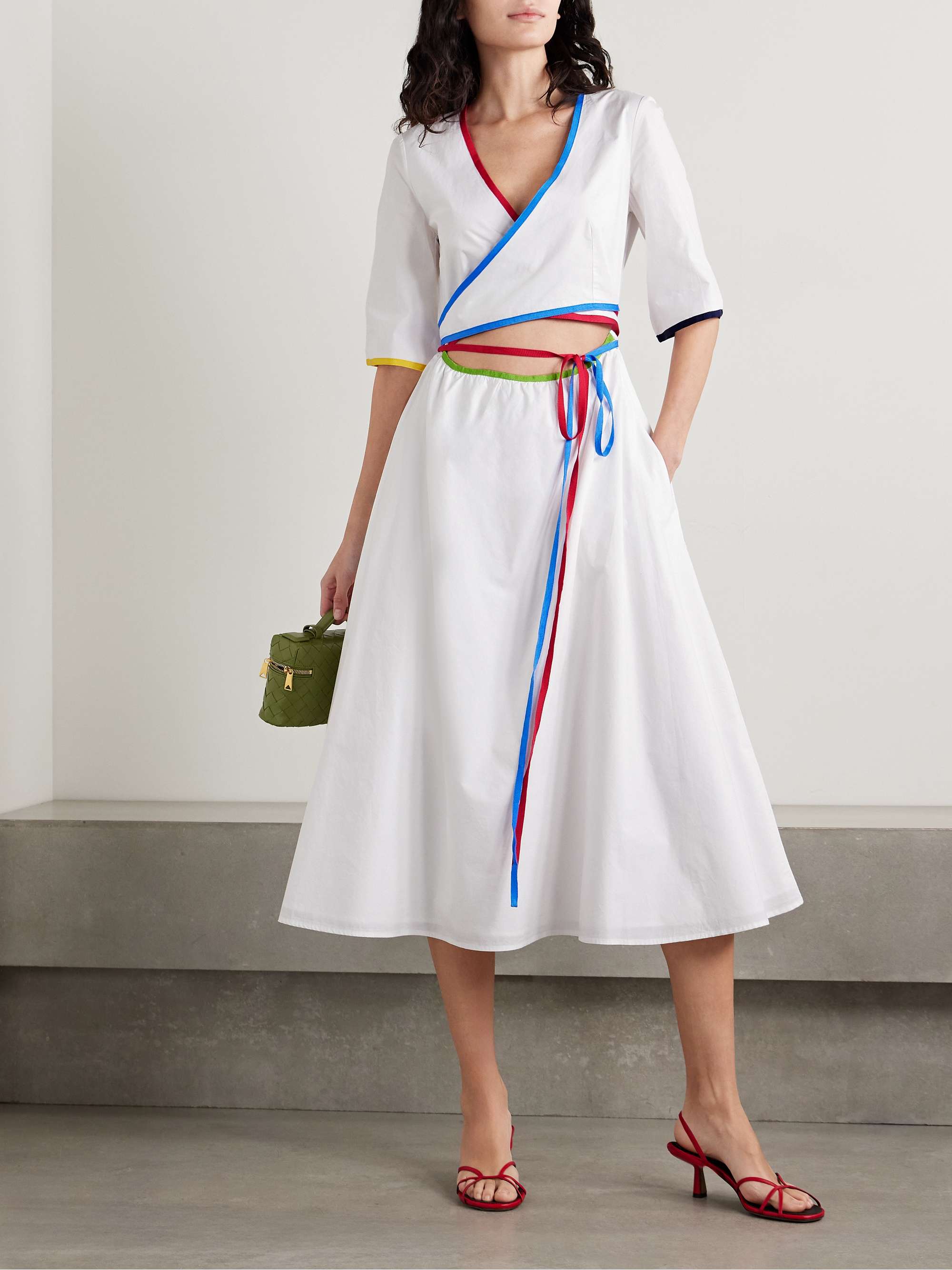 Ribbon grosgrain-trimmed cotton-poplin midi wrap dress view