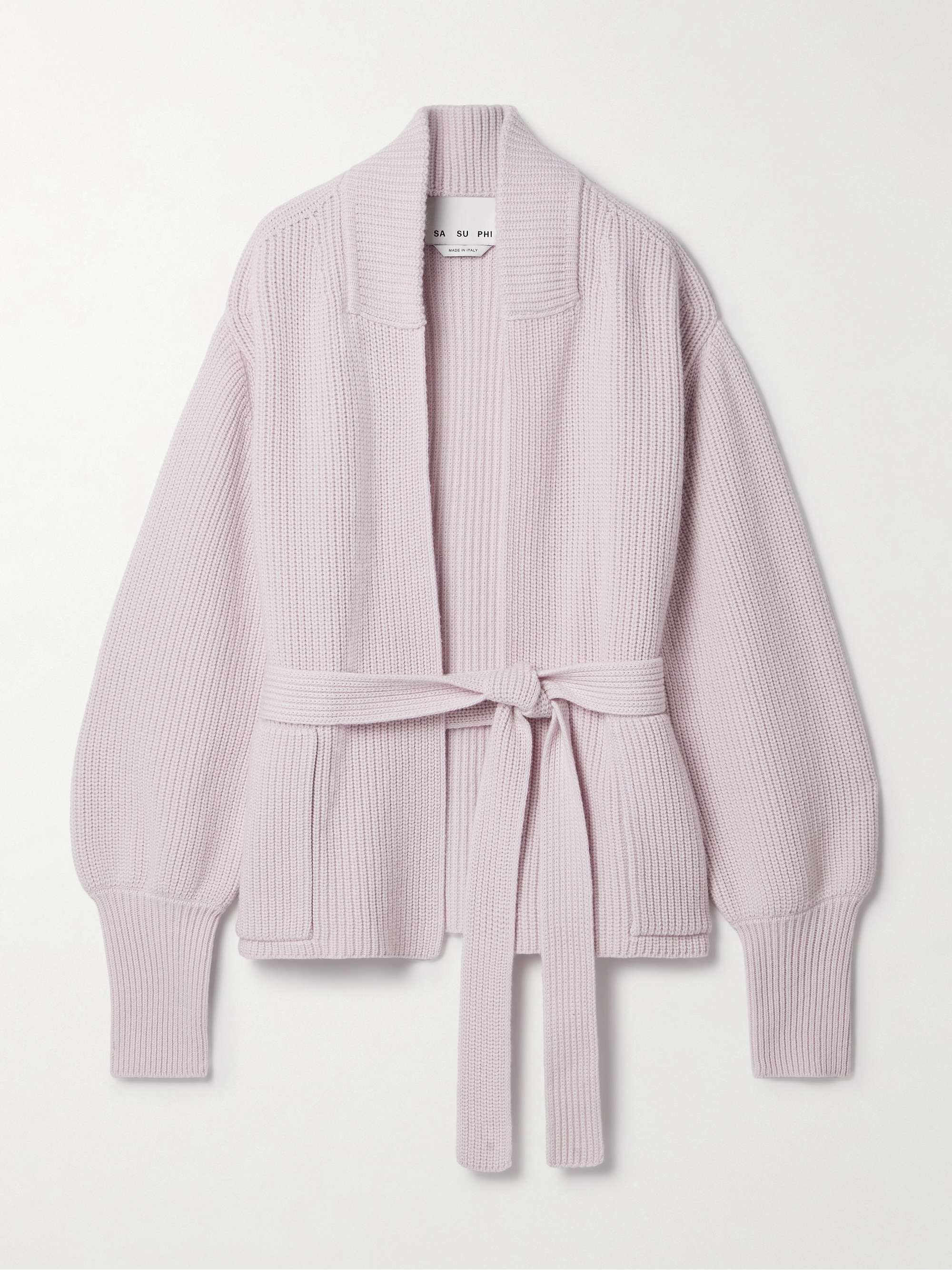 E.R. belted ribbed merino wool and cashmere-blend cardigan view