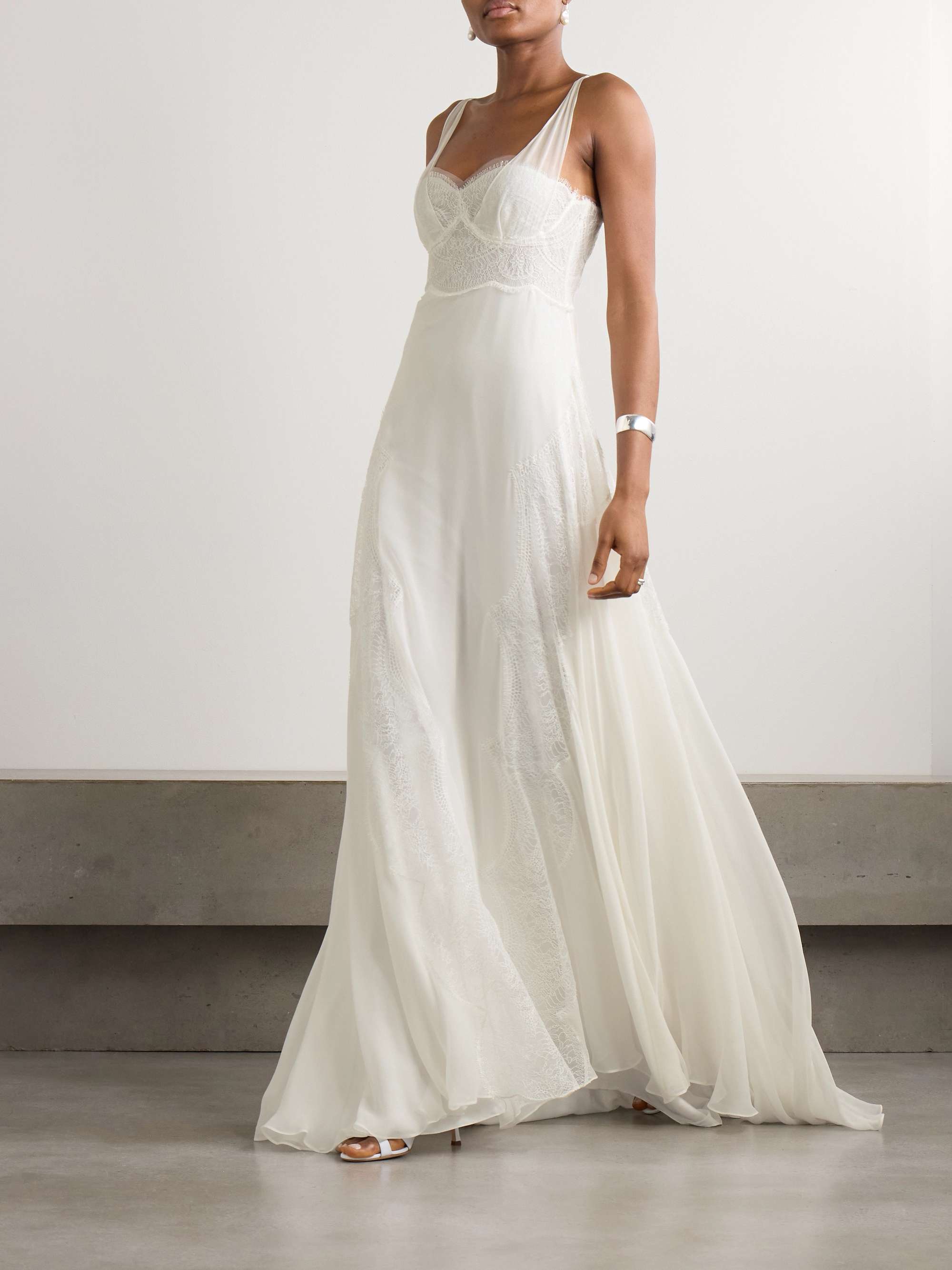 Semeli Chantilly lace-trimmed silk-georgette gown view
