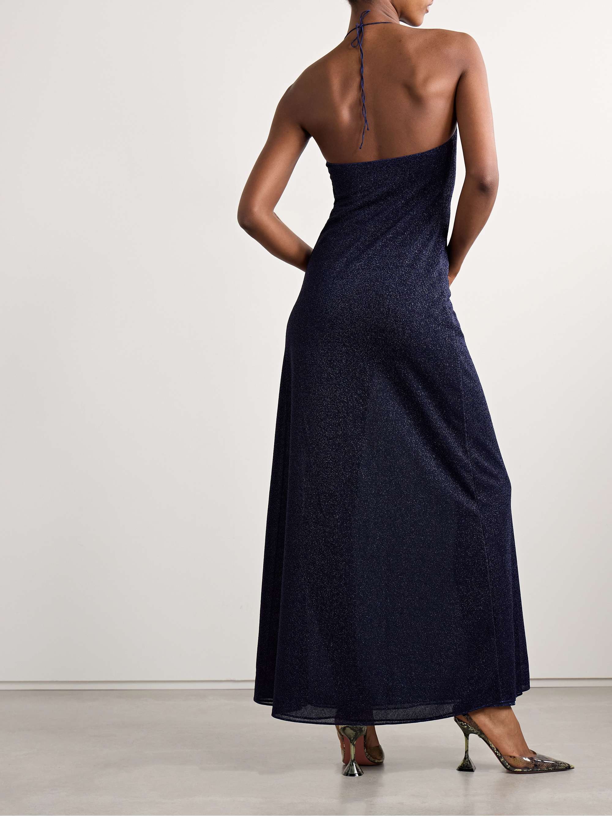 Lumière appliquéd metallic stretch-knit halterneck maxi dress view
