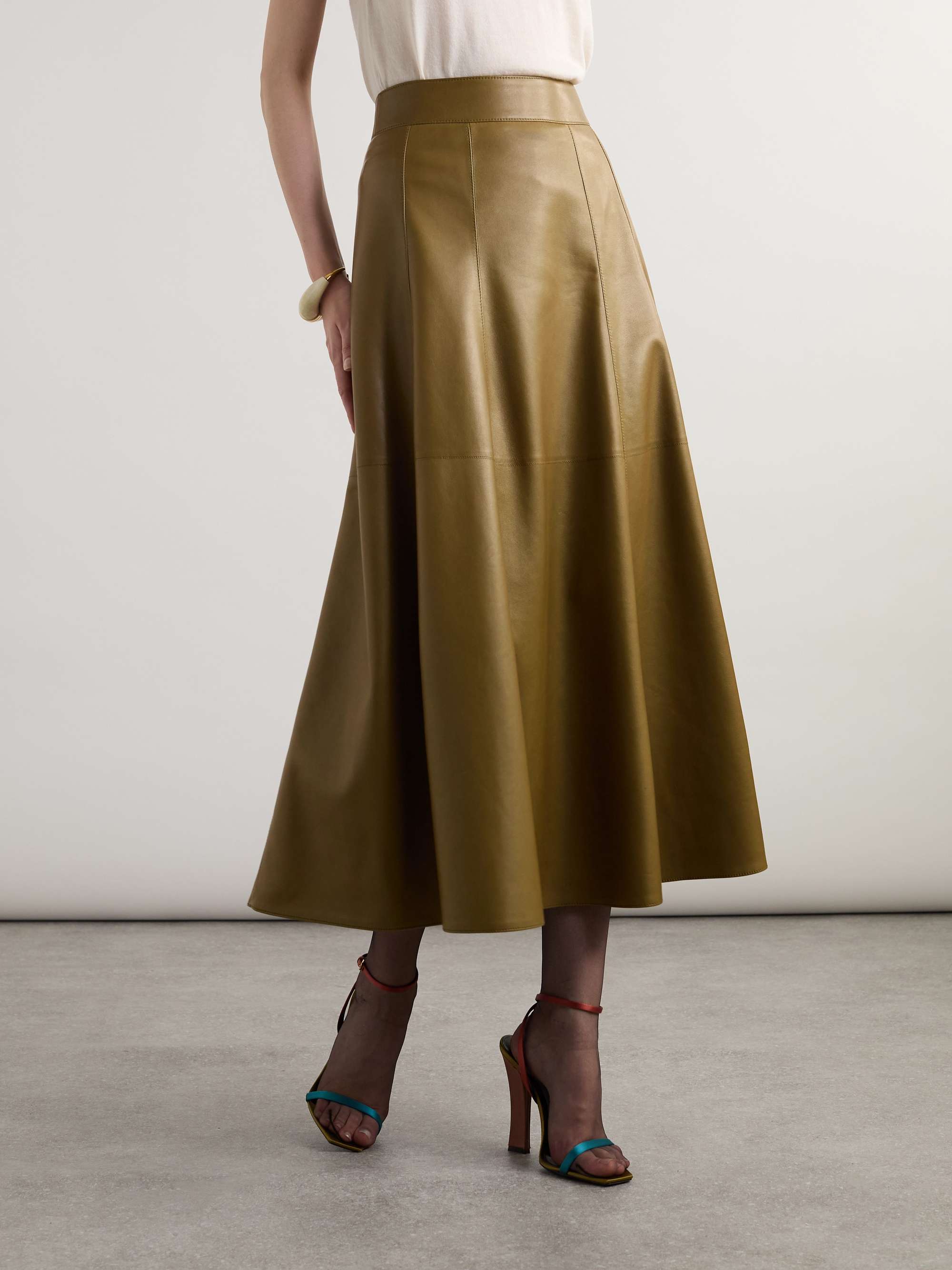 Paneled pleated leather midi skirt view