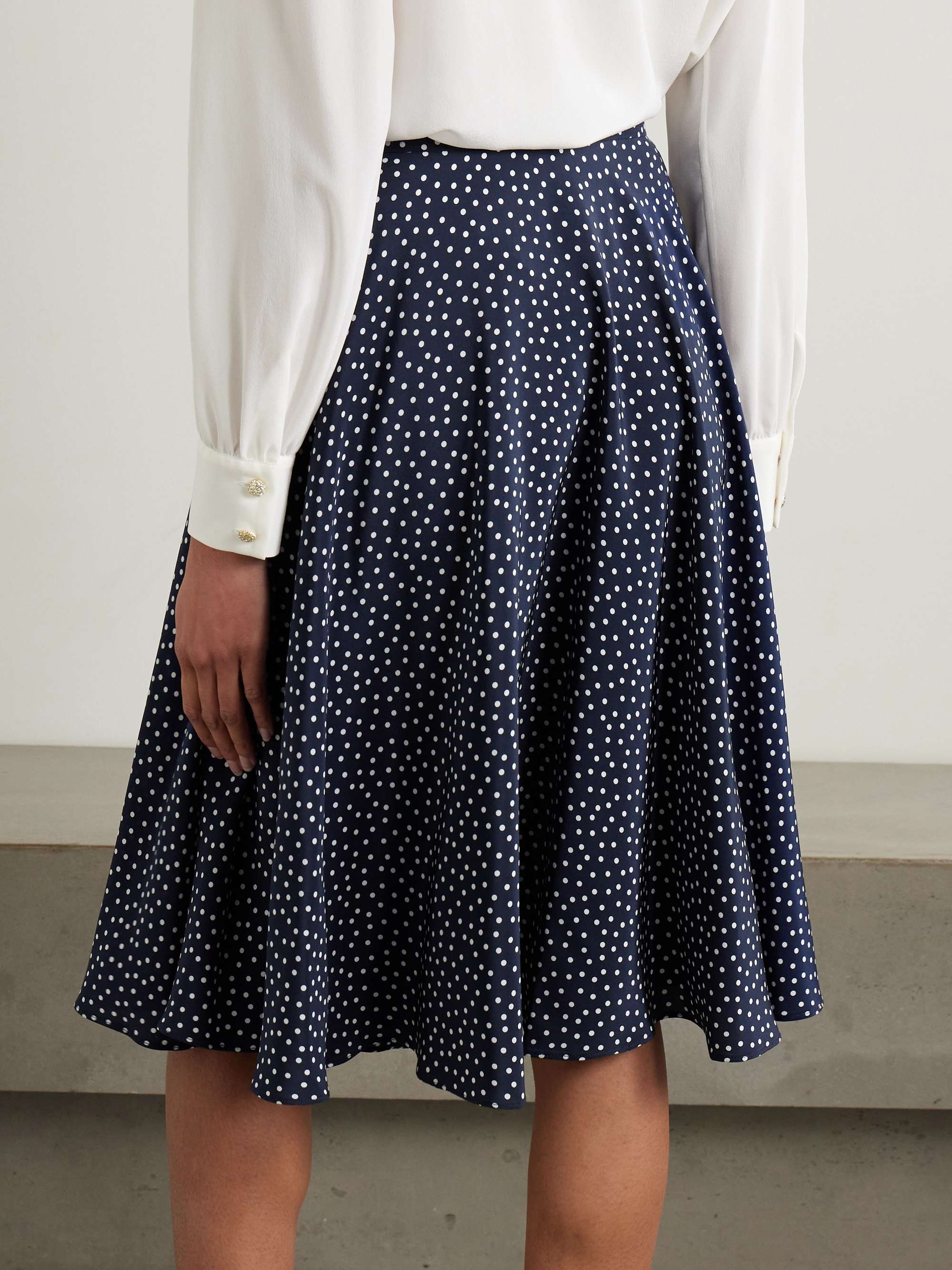 Pleated polka-dot silk crepe de chine midi wrap-effect skirt view