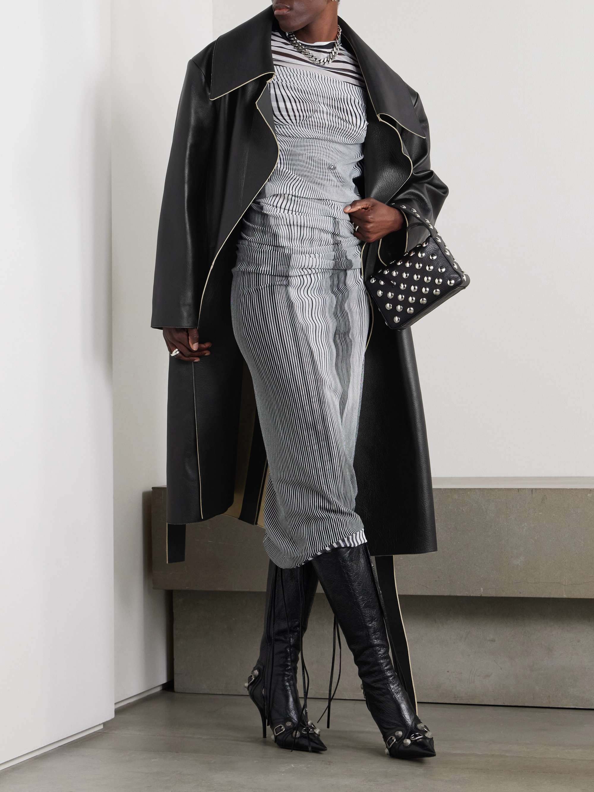 Belted leather coat view