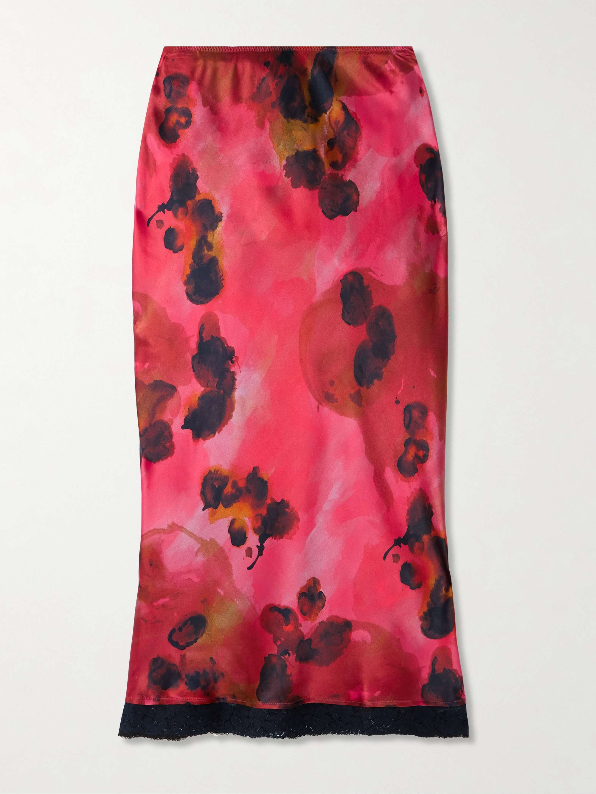 Lace-trimmed floral-print silk-satin midi skirt view