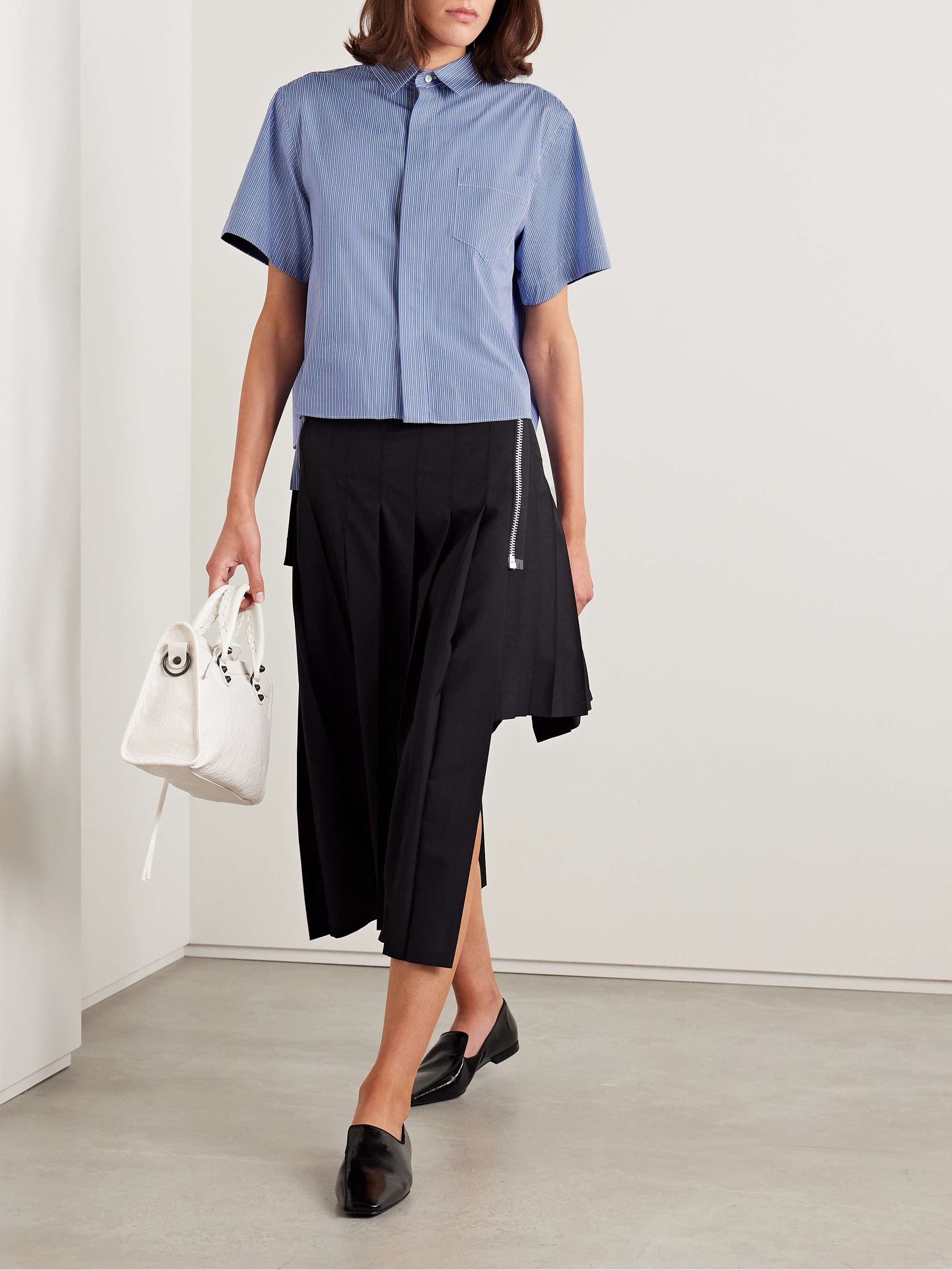 Layered pleated pinstriped poplin shirt view