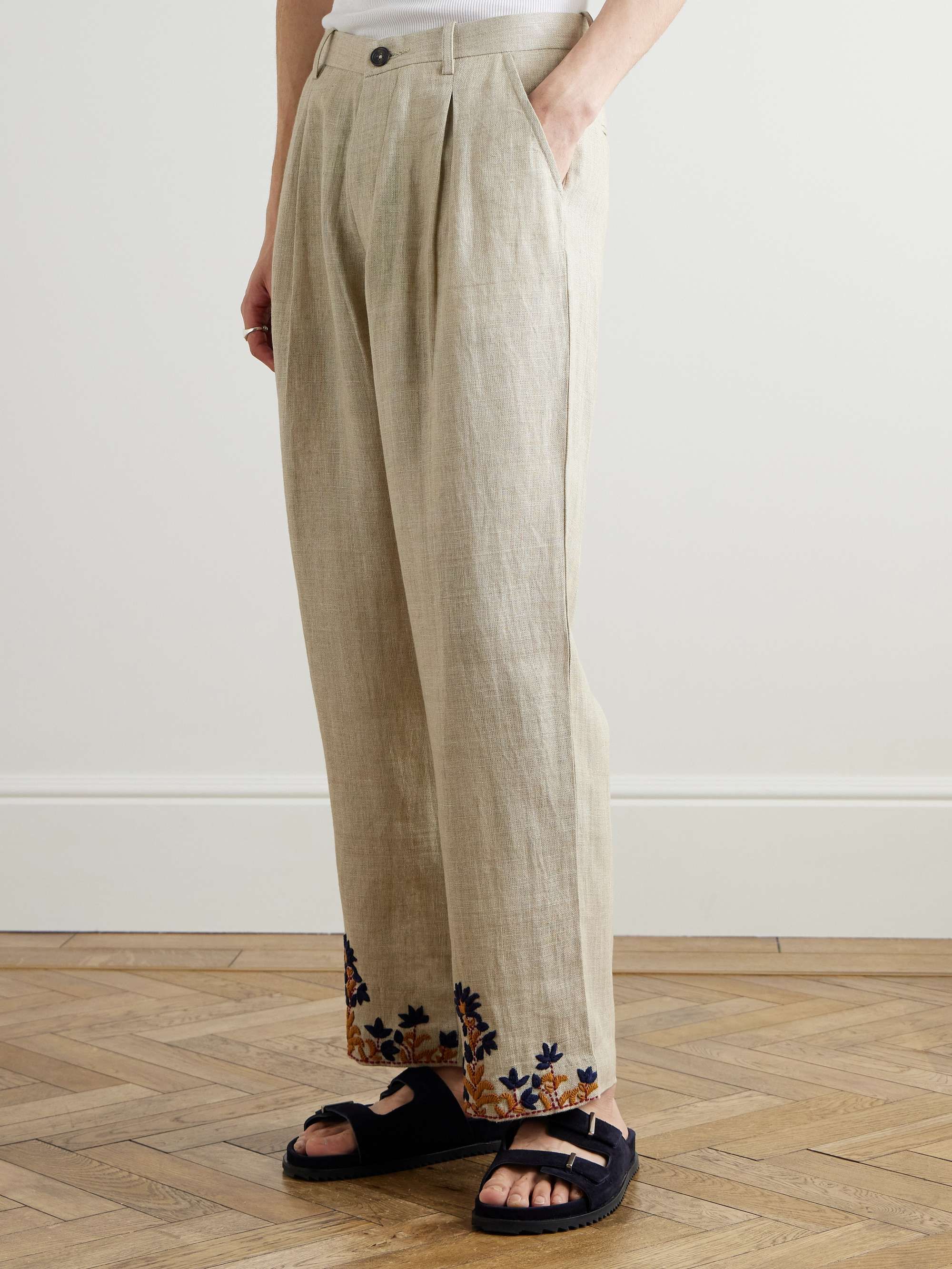Straight-Leg Embroidered Linen Trousers view