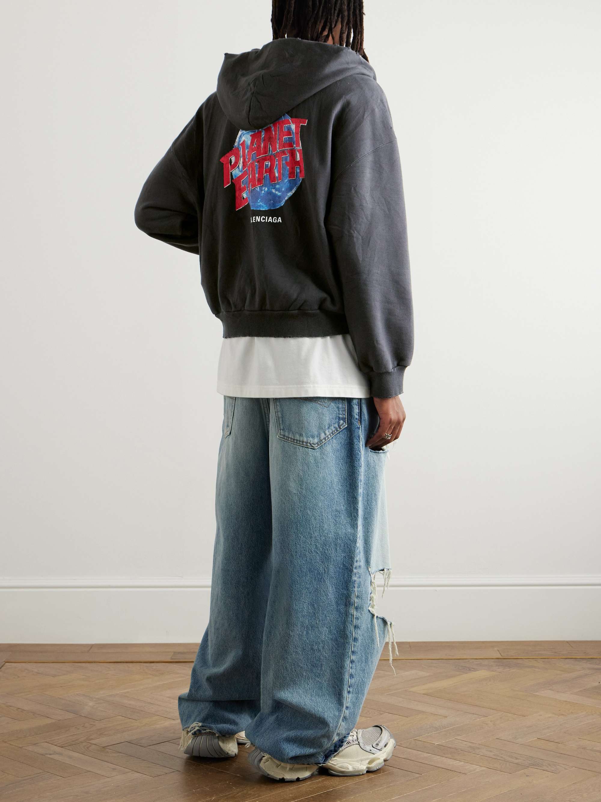 Distressed Logo-Print Cotton-Jersey Zip-Up Hoodie view