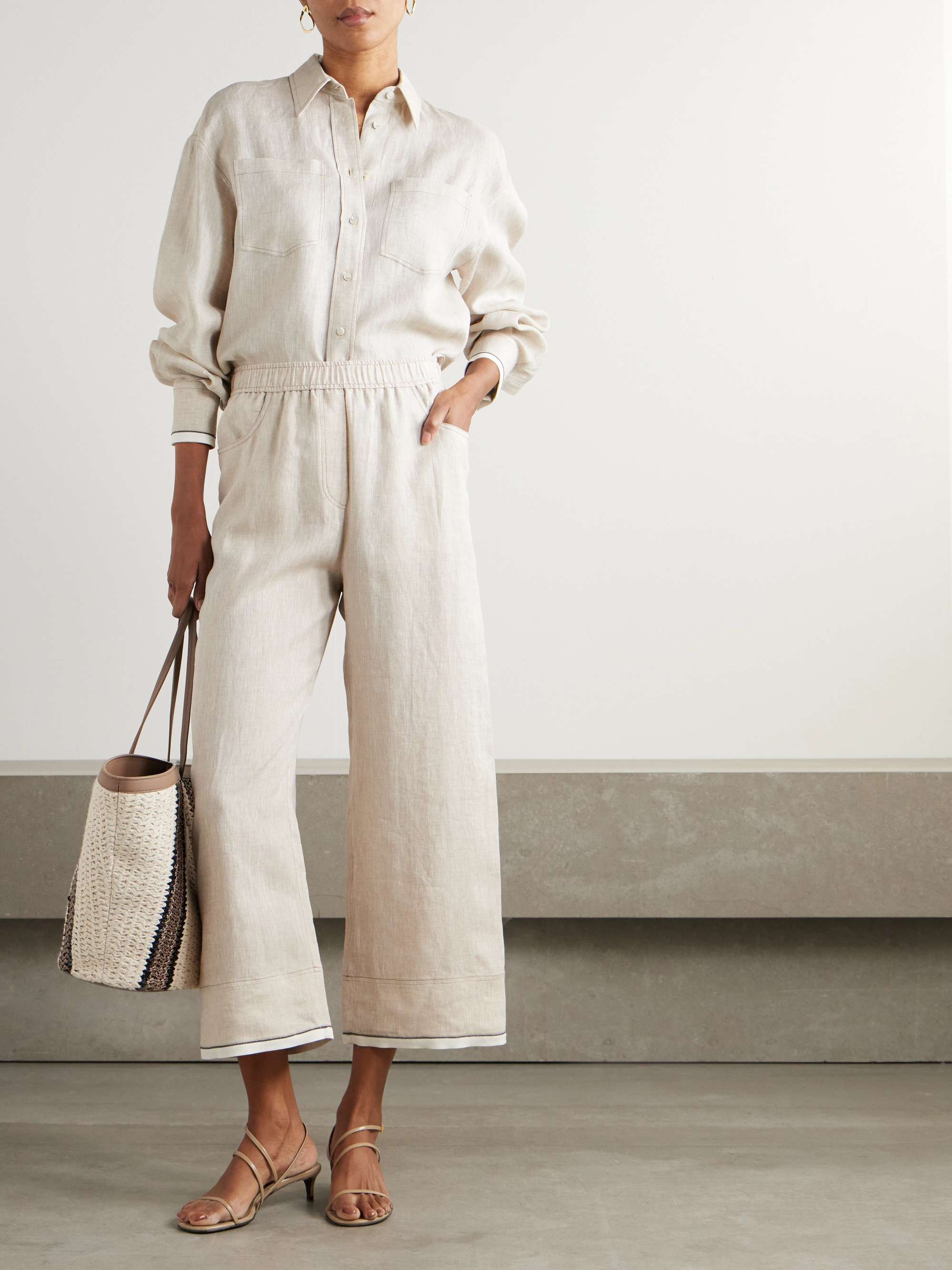 Cropped bead-embellished linen wide-leg pants view