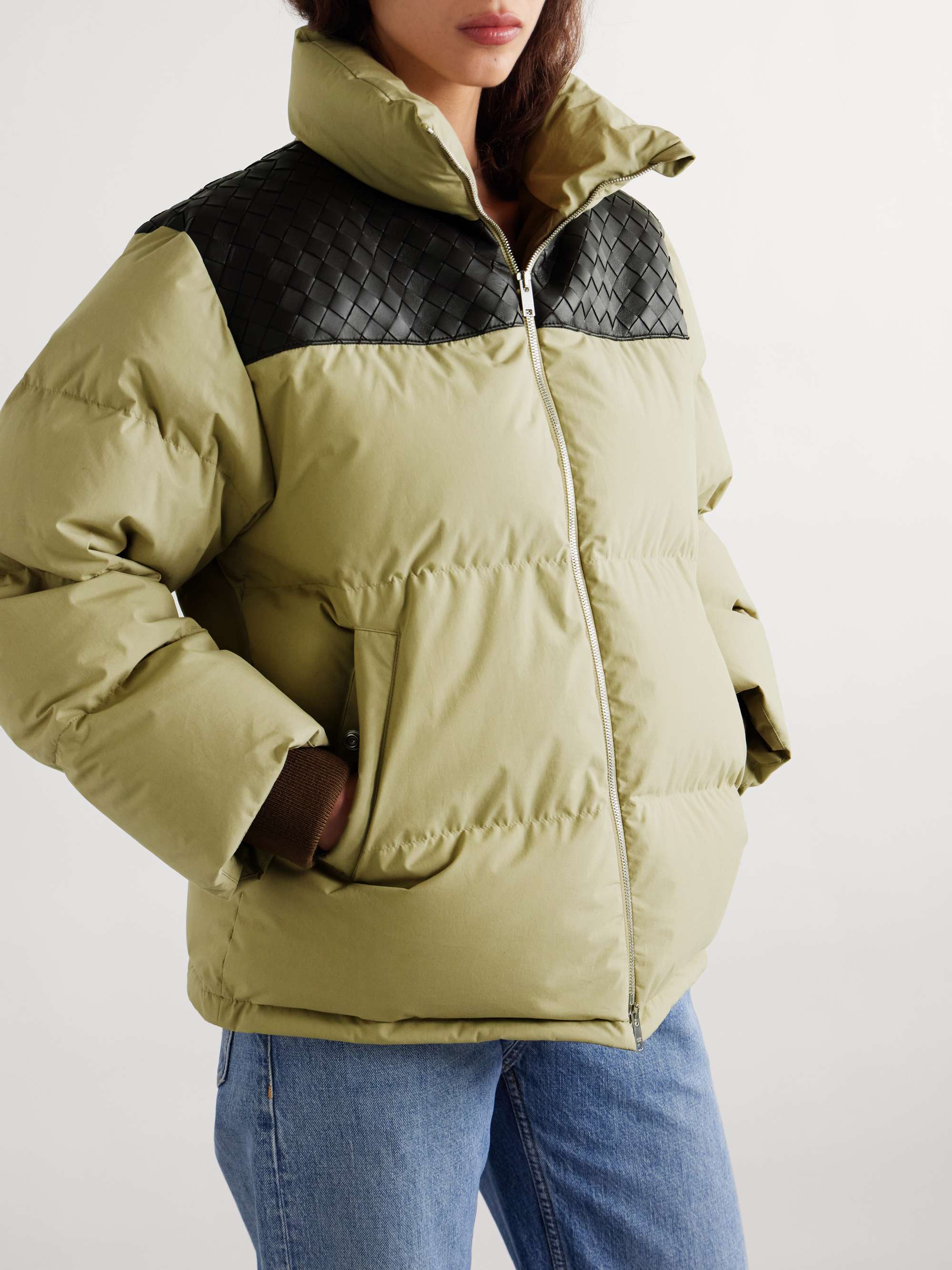 Quilted intrecciato leather-trimmed padded cotton-shell down jacket view