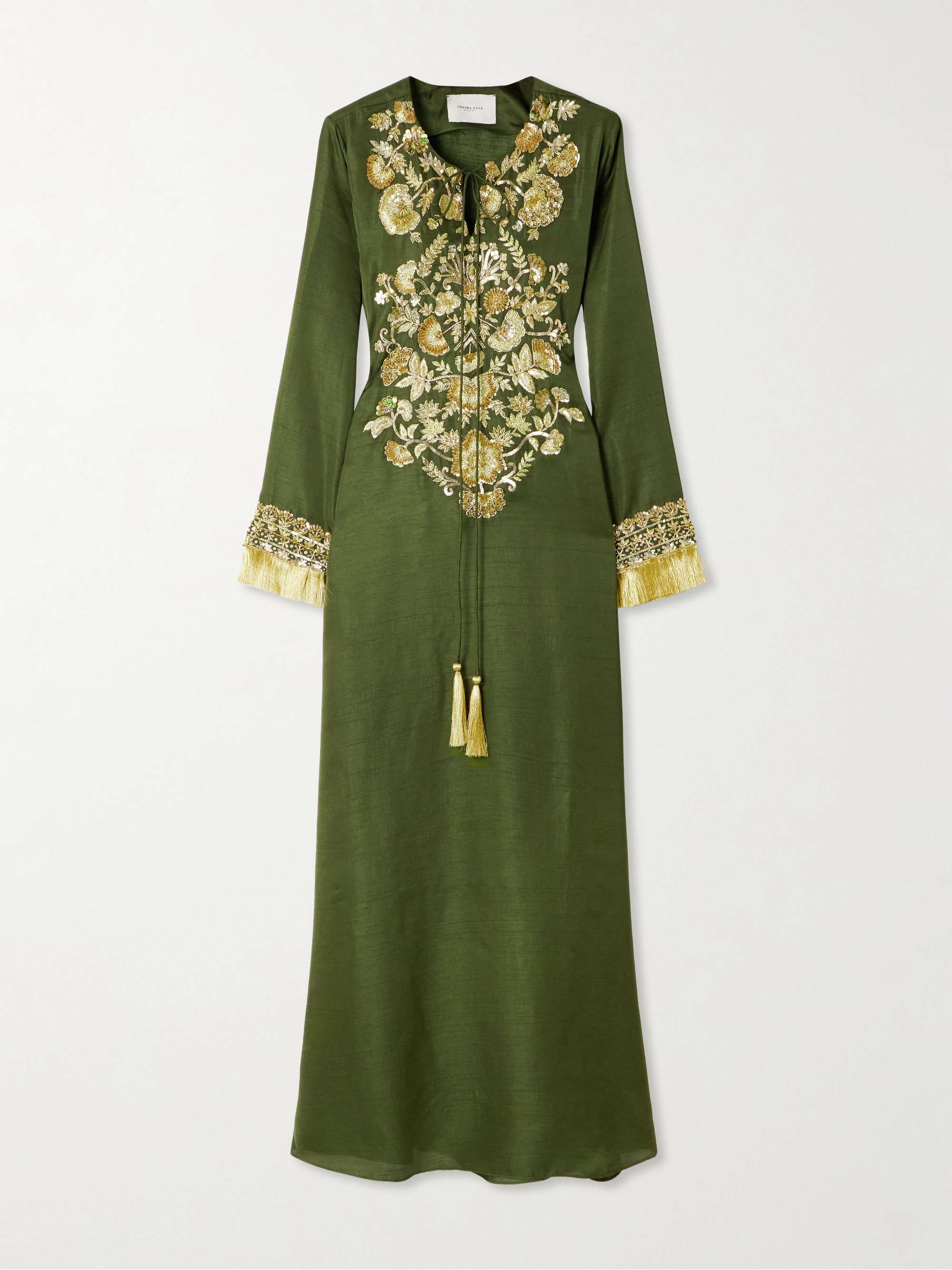 Fringed embellished embroidered silk-blend gown view