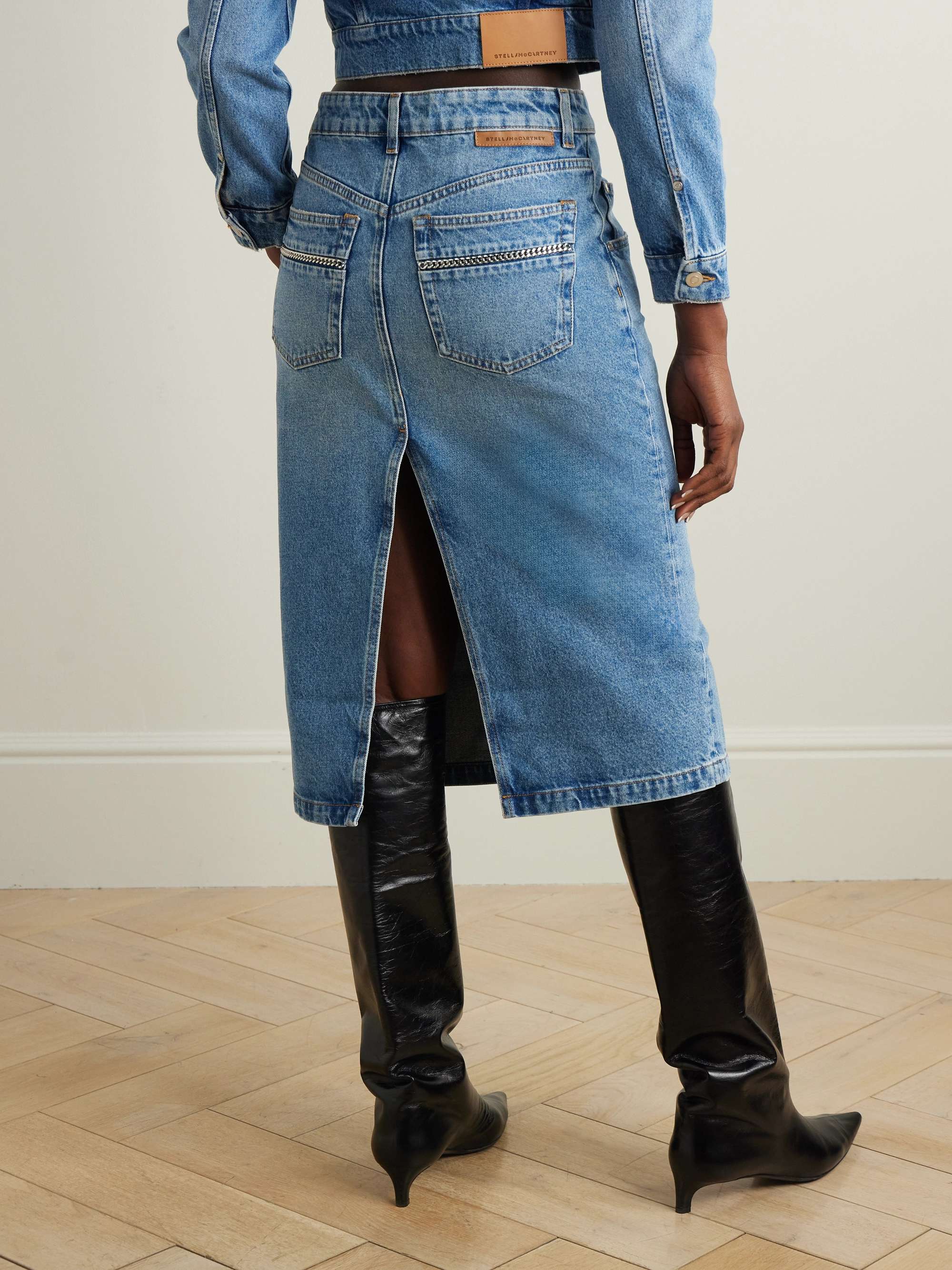 Embellished organic denim midi skirt view