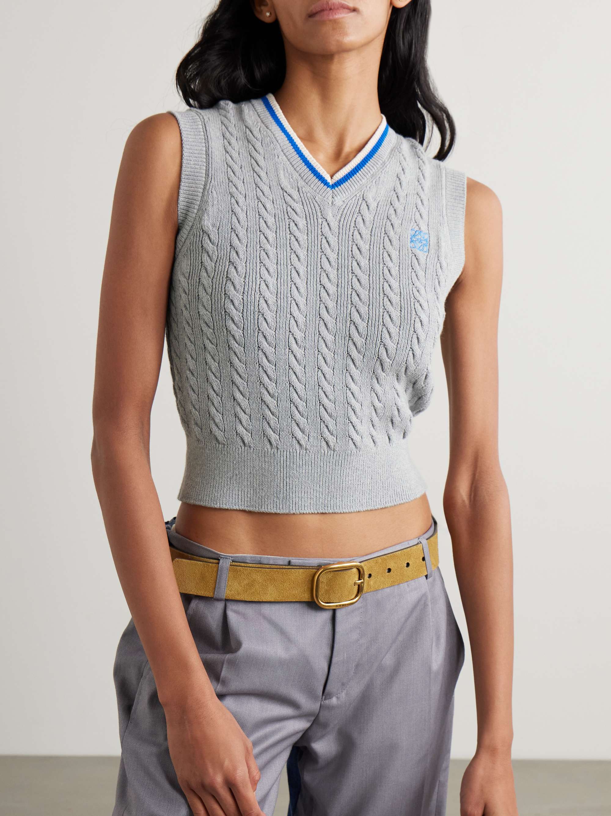 Striped cable-knit cotton-blend vest view