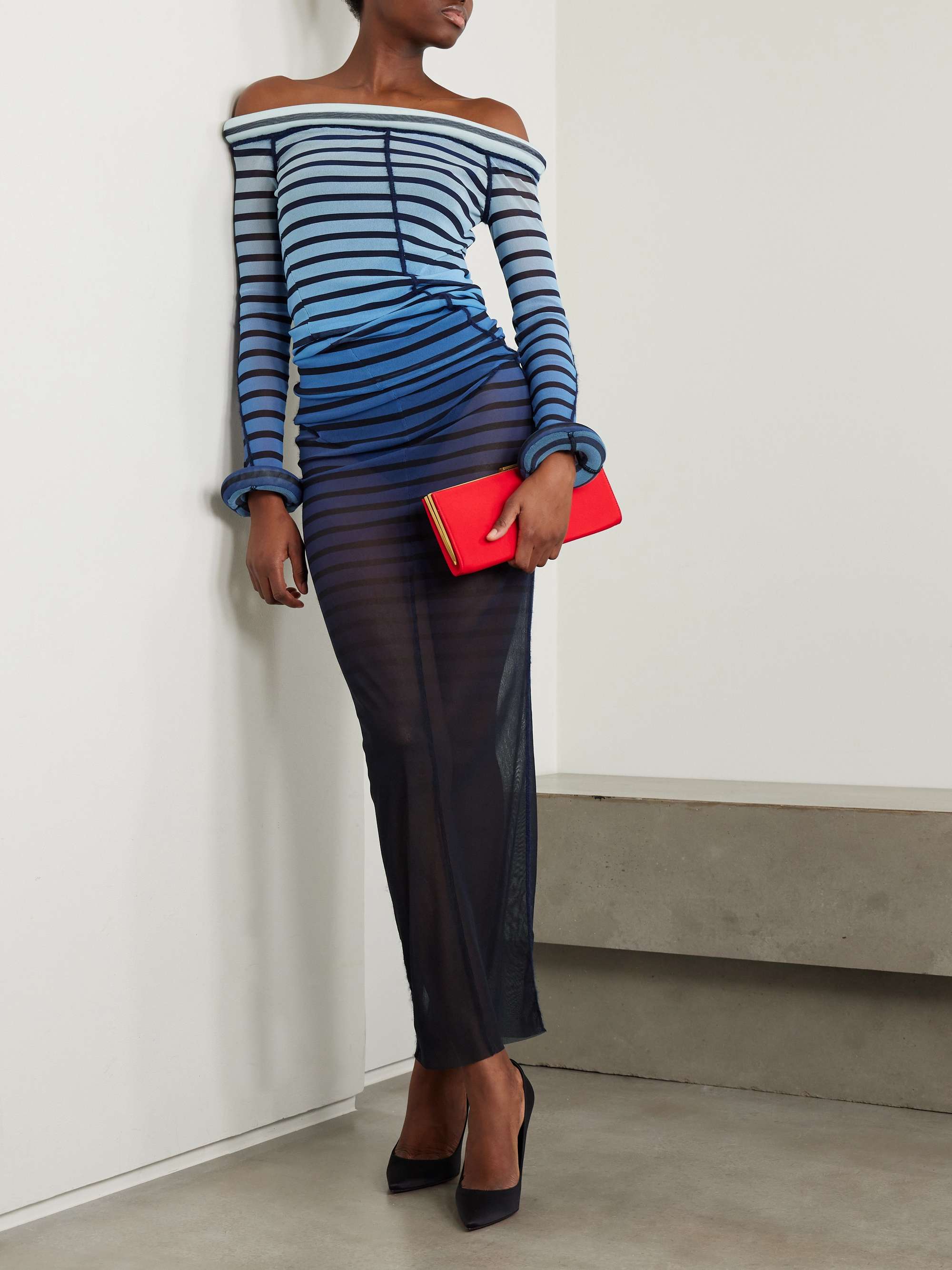 Off-the-shoulder padded striped stretch-mesh maxi dress view