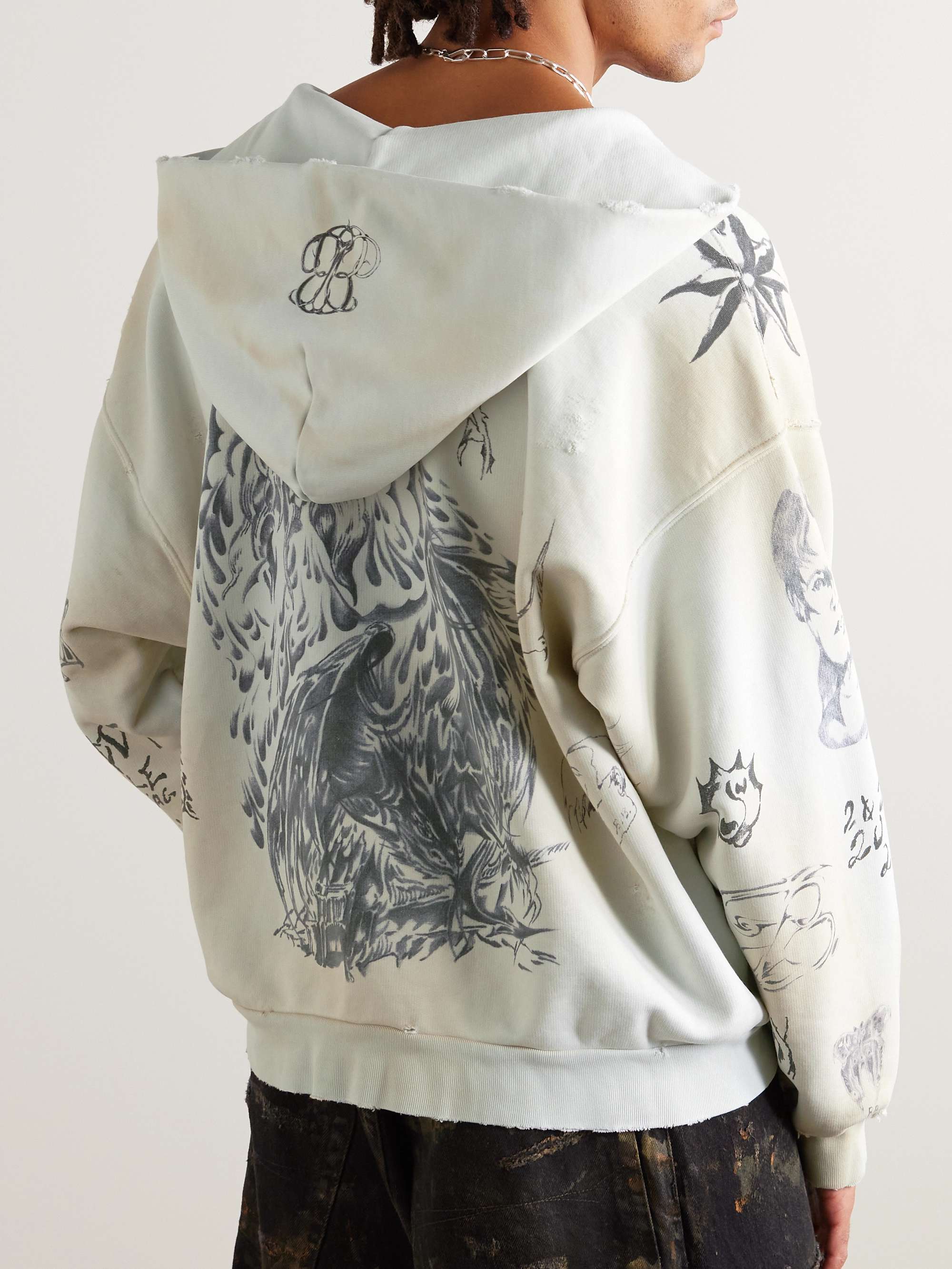 Tat Printed Distressed Cotton-Jersey Zip-Up Hoodie view