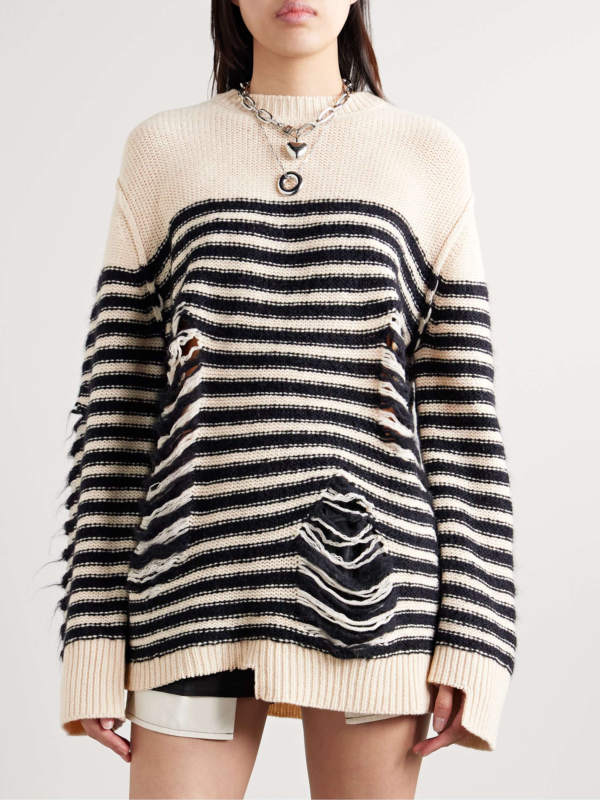 Distressed striped wool-blend sweater view