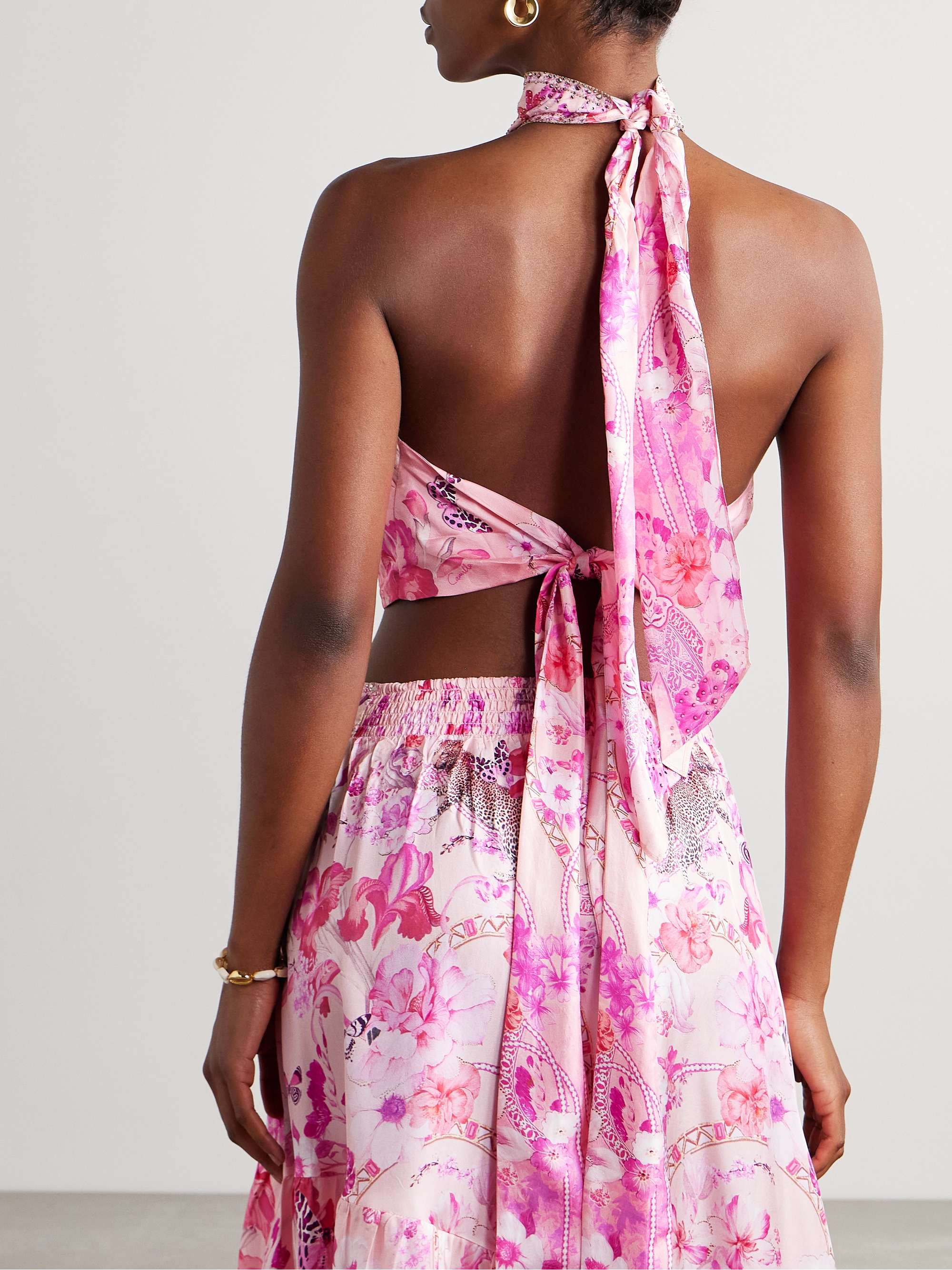 Cropped crystal-embellished printed silk halterneck top view