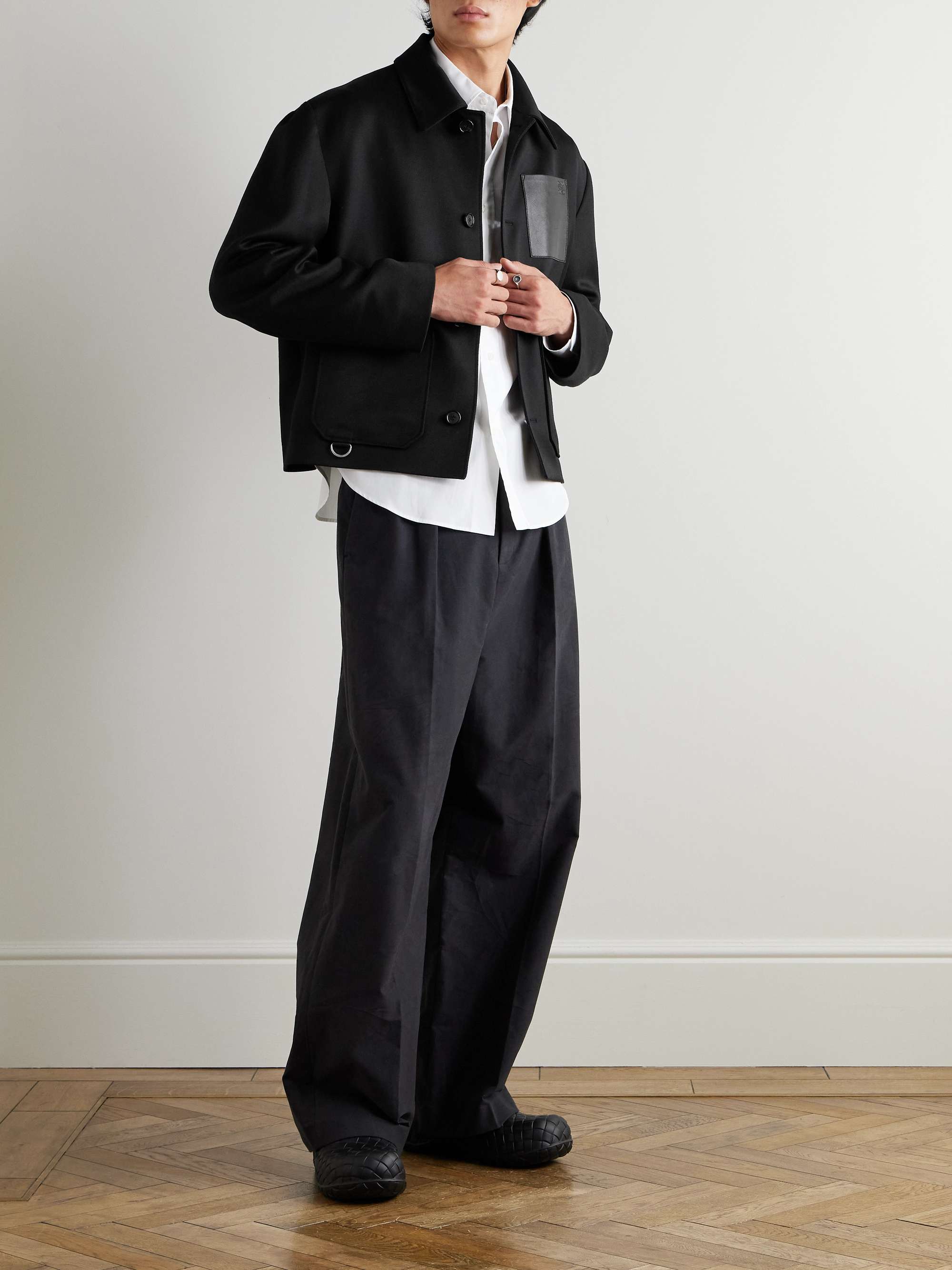 Leather-Trimmed Wool-Twill Jacket view