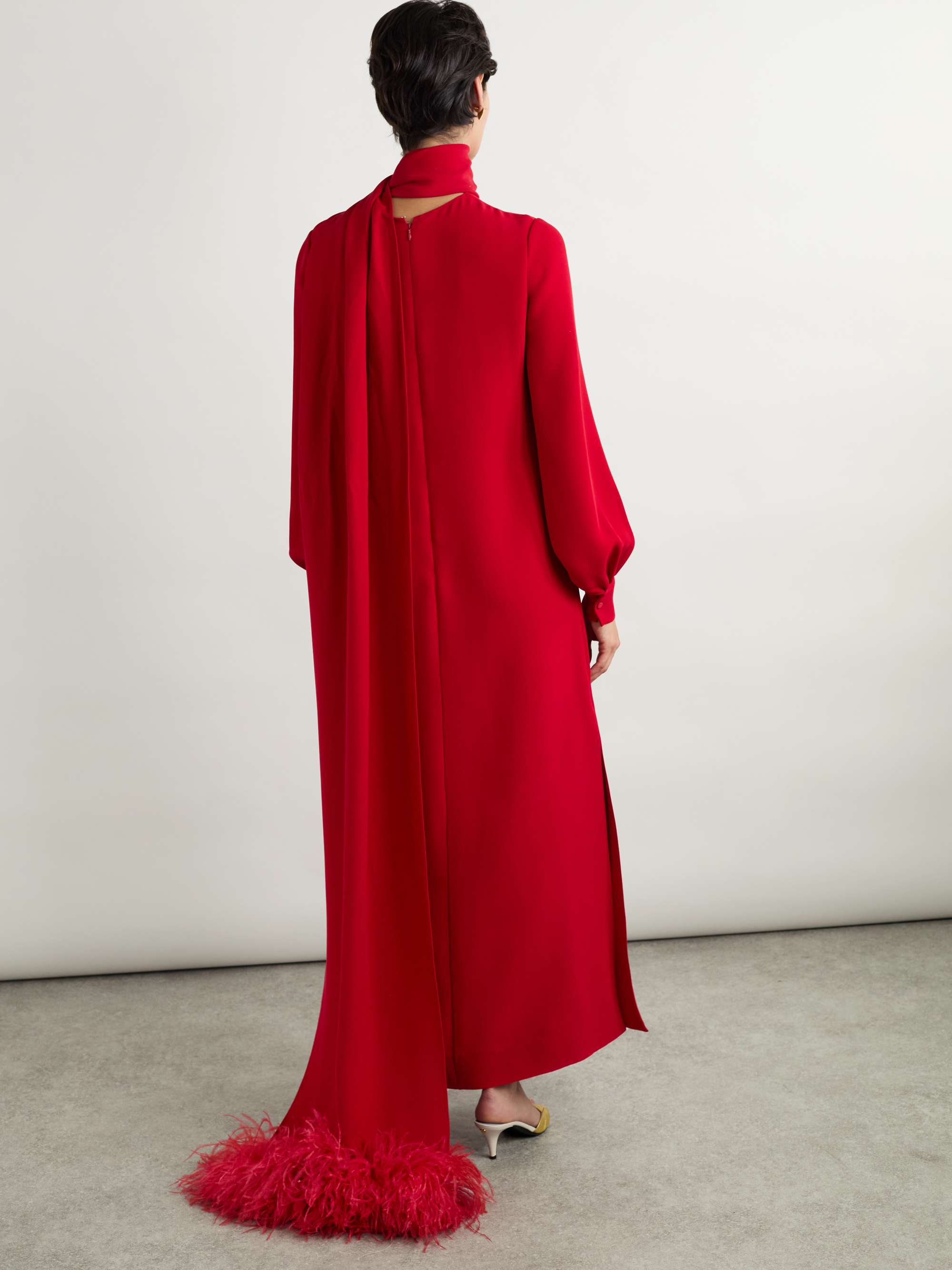 Tie-neck feather-trimmed silk-crepe gown view