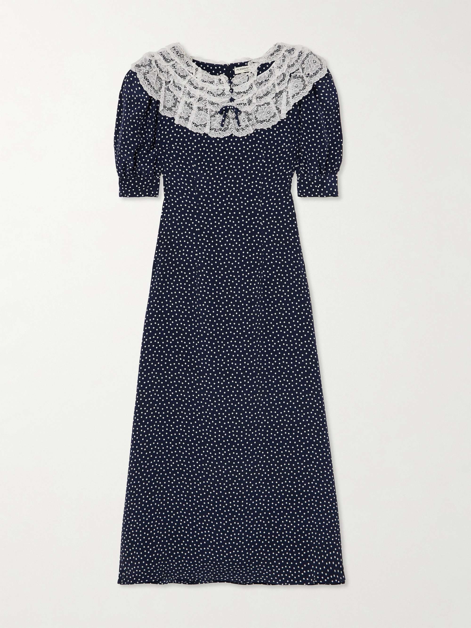 Lace-trimmed polka-dot silk crepe de chine midi dress view