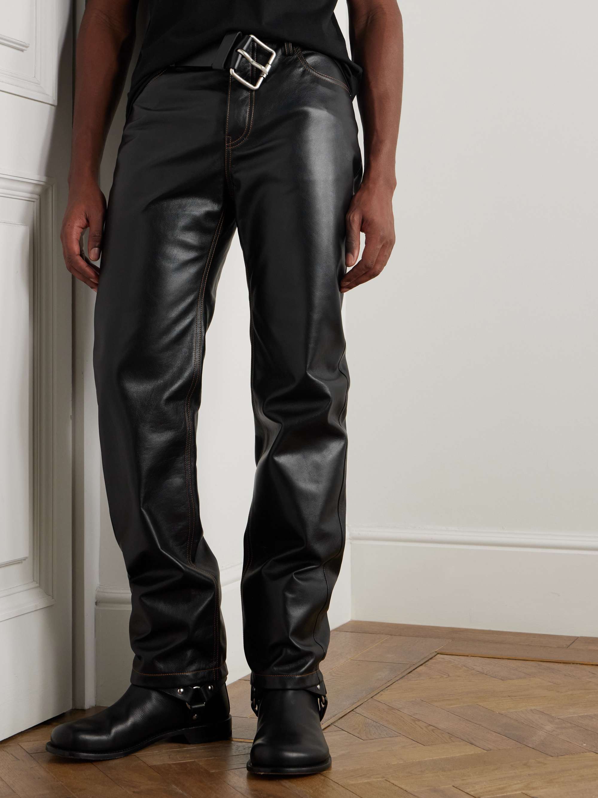 Straight-Leg Belted Leather Trousers view